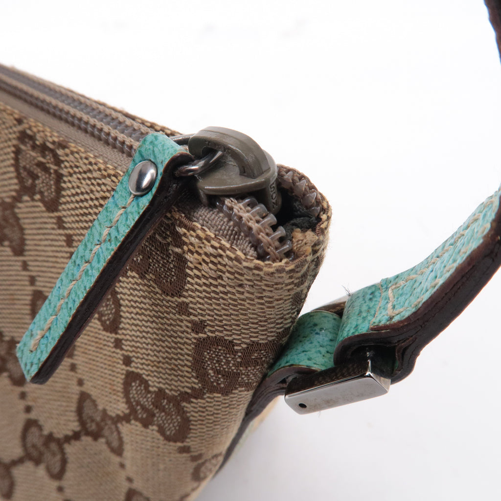 GUCCI Boat Bag GG Canvas Leather Pouch Emerald Green Beige 07198
