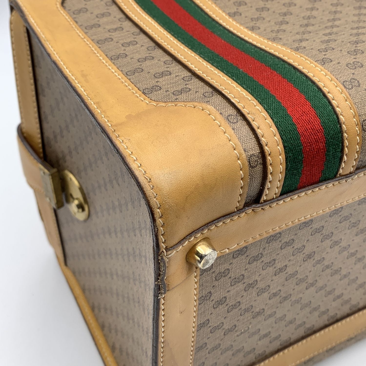 Gucci Vintage Beige Monogram Canvas Train Case Bag with Stripes