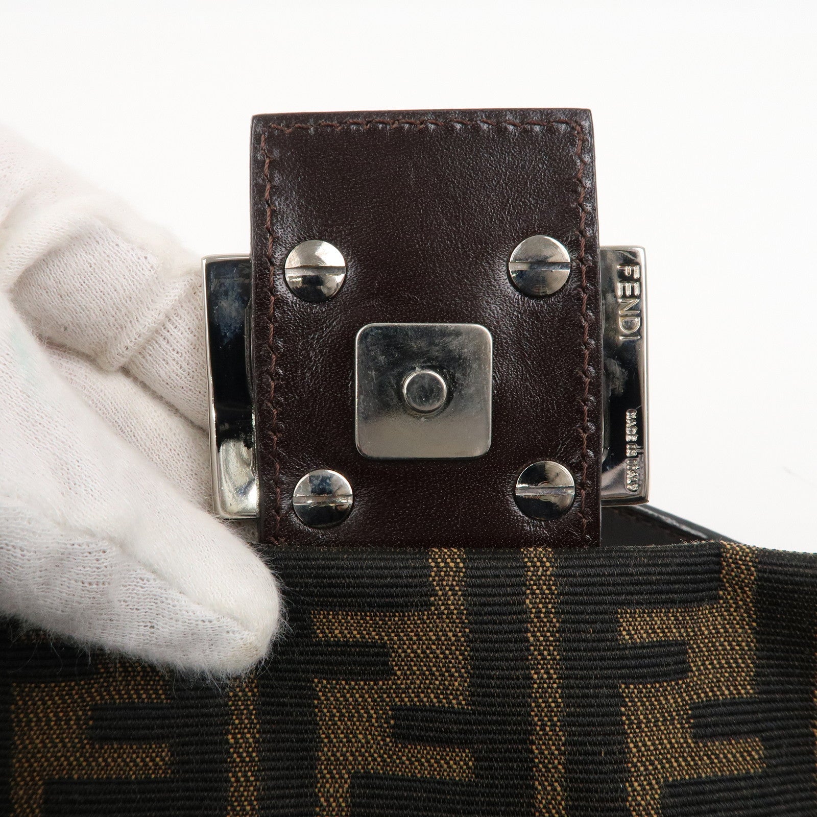 FENDI Mamma Baguette Canvas Leather Shoulder Bag Brown Black 26424