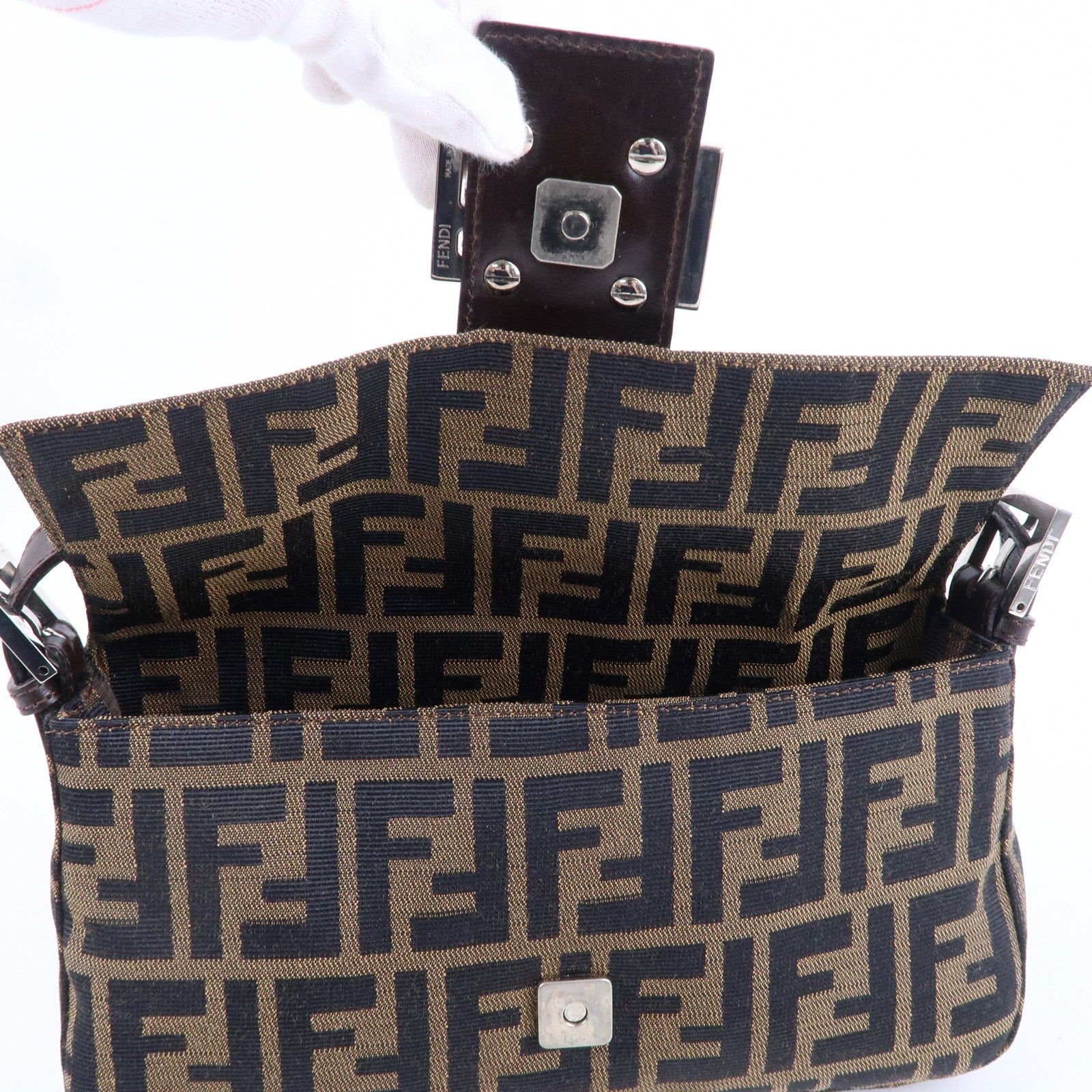 FENDI Mamma Baguette Zucca Canvas Leather Shoulder Bag Brown 26424
