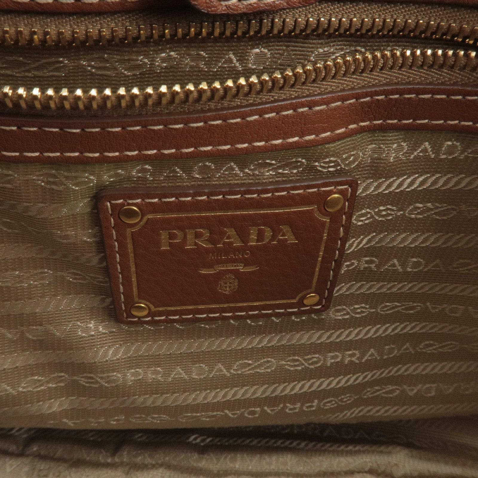 Prada Logo Jacquard Leather Tote Bag Hand Bag Brown BR4635