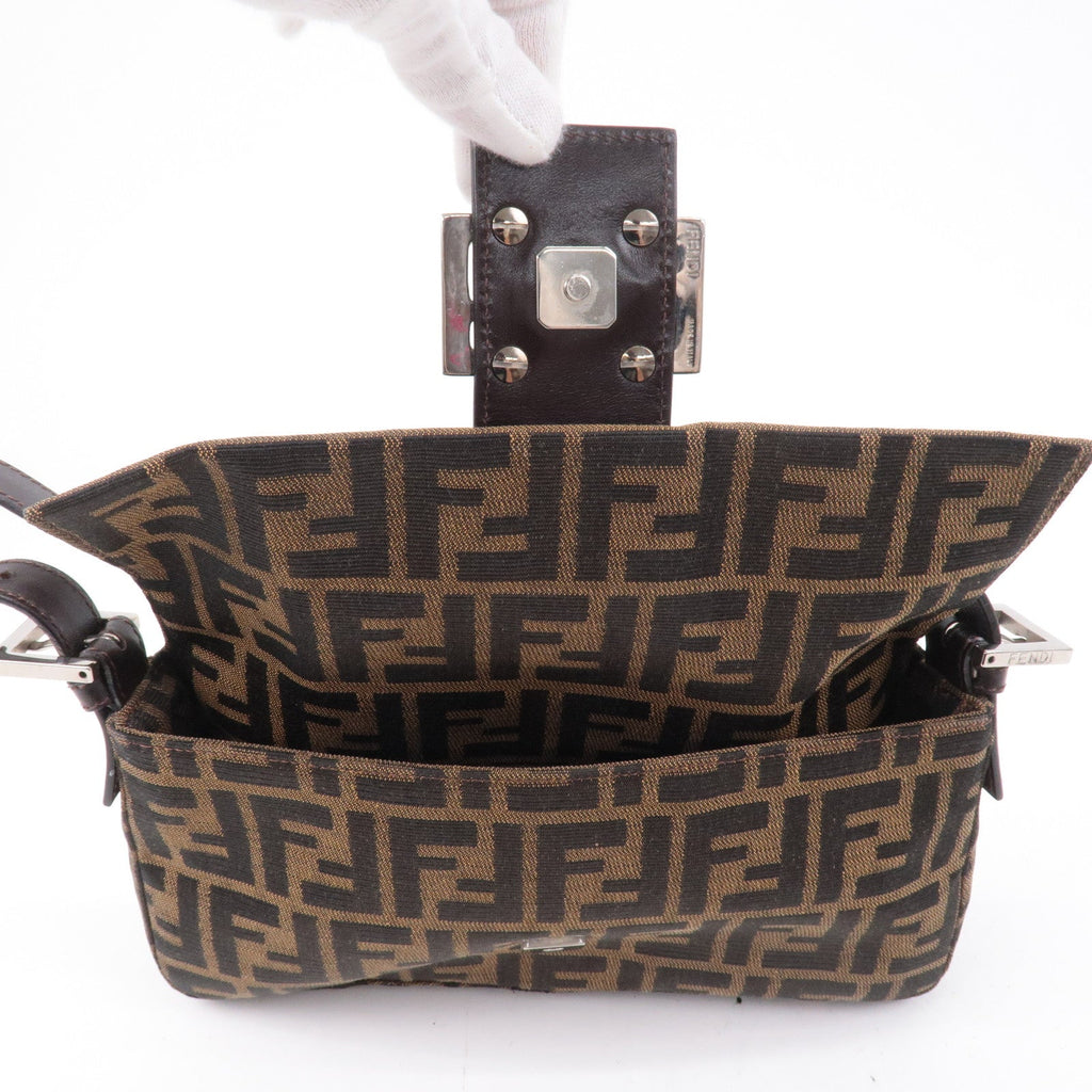 FENDI Mamma Baguette Zucca Canvas Leather Shoulder Bag Brown 26424