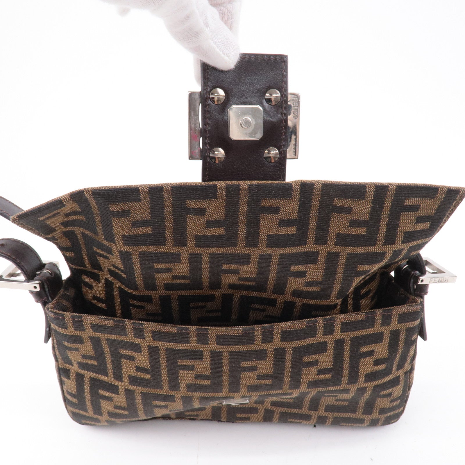 FENDI Mamma Baguette Zucca Canvas Leather Shoulder Bag Brown 26424