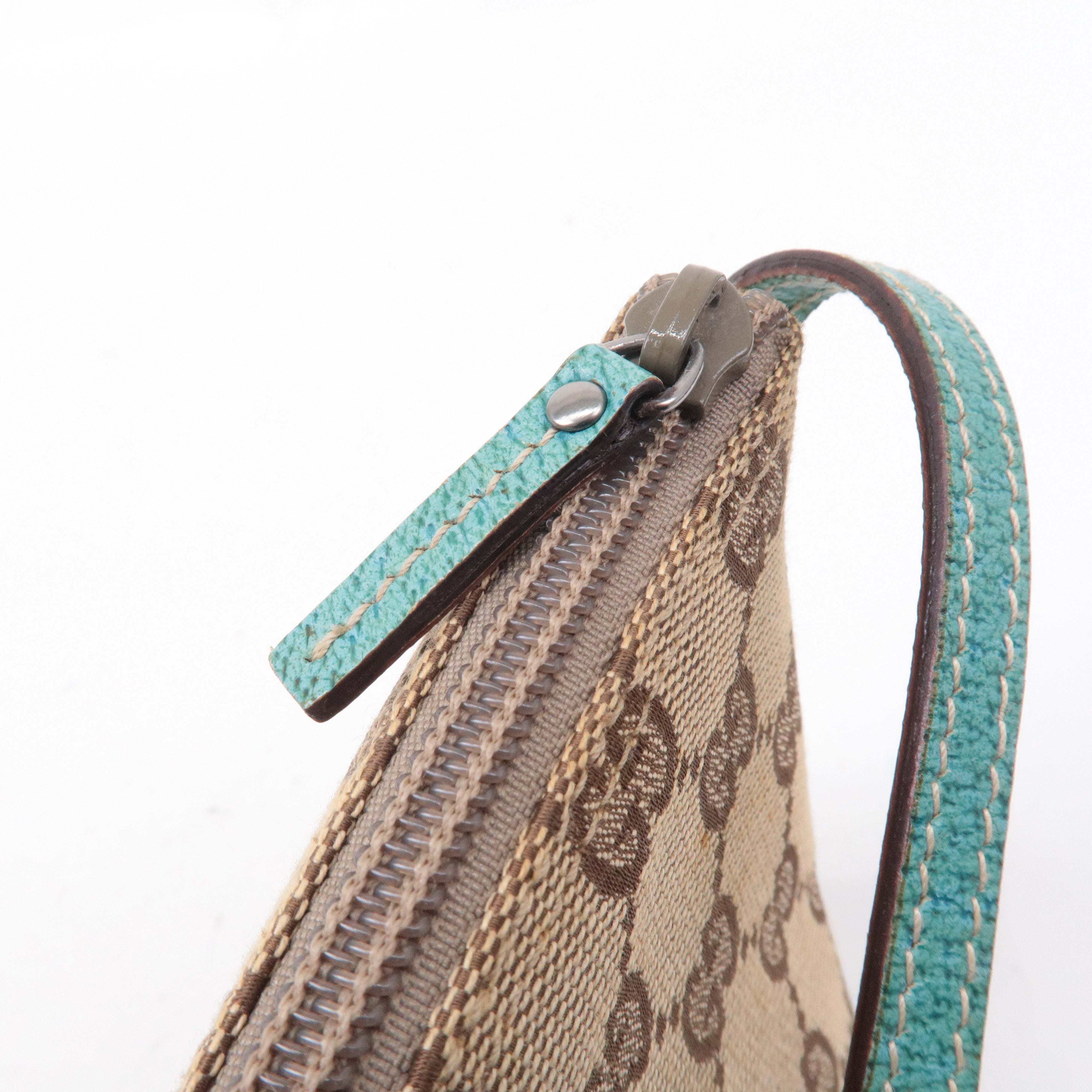 GUCCI Boat Bag GG Canvas Leather Pouch Emerald Green Beige 07198