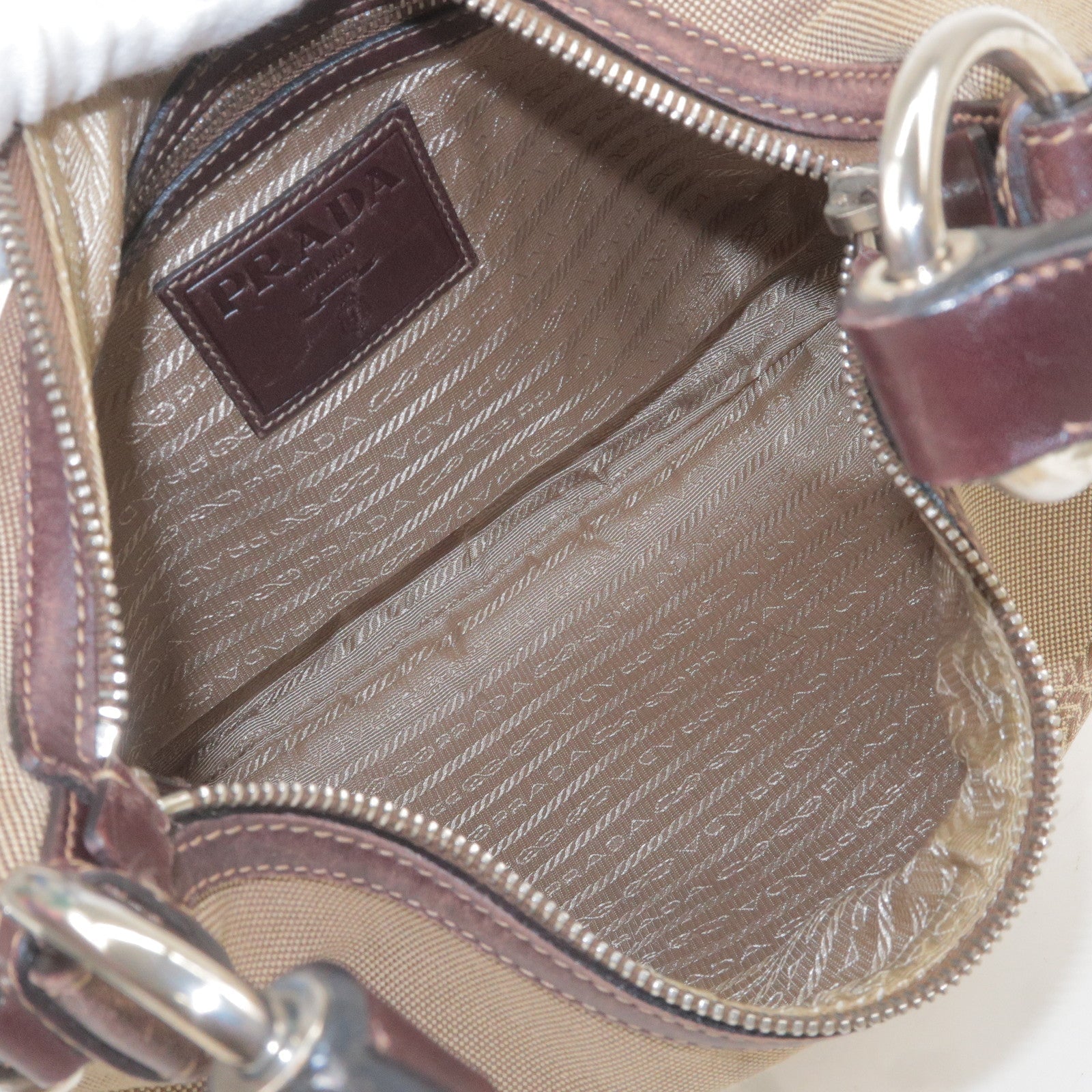 Prada Logo Jacquard Leather Shoulder Bag Beige Brown