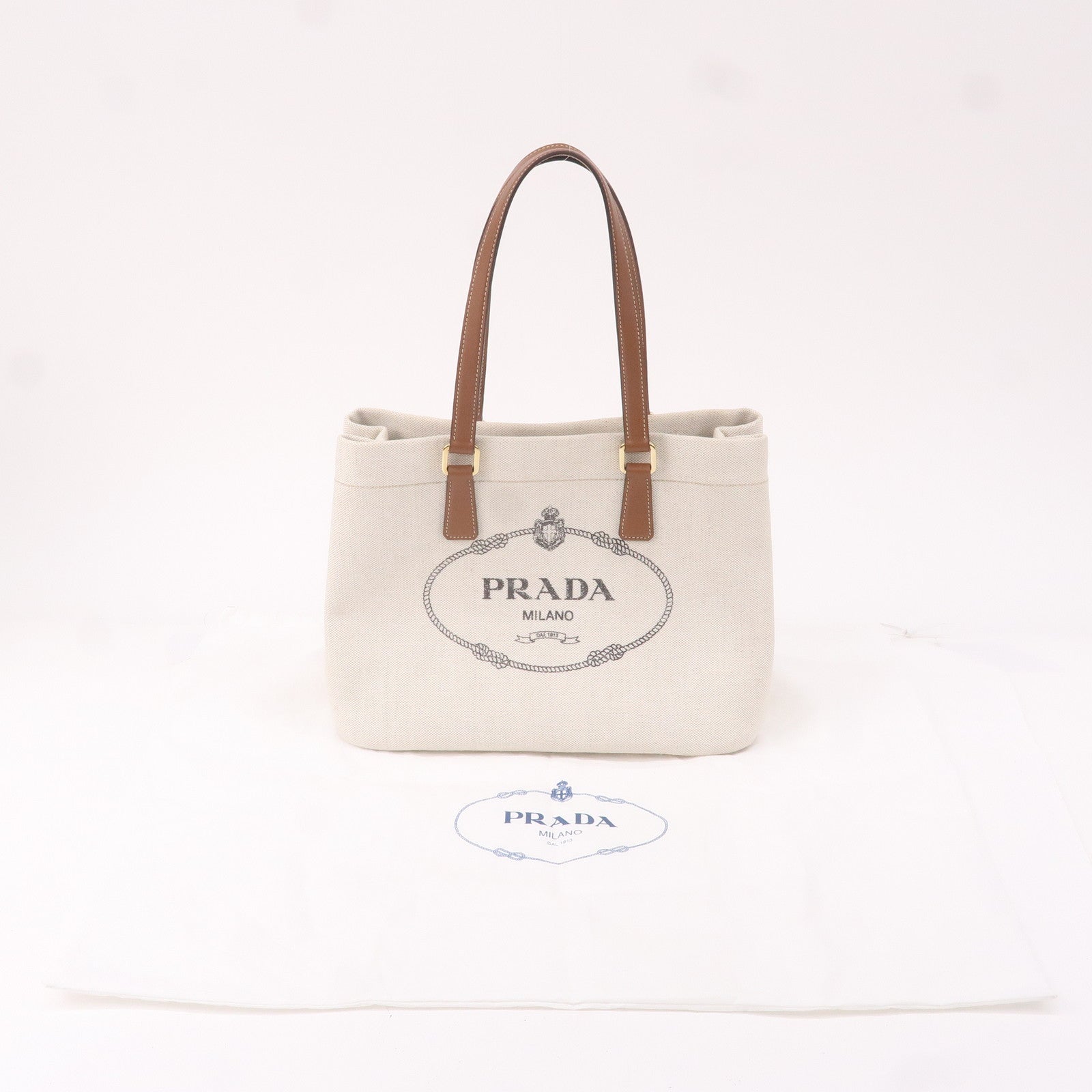 Prada Logo Canvas Linen Leather Tote Bag Ivory Brown IBG356