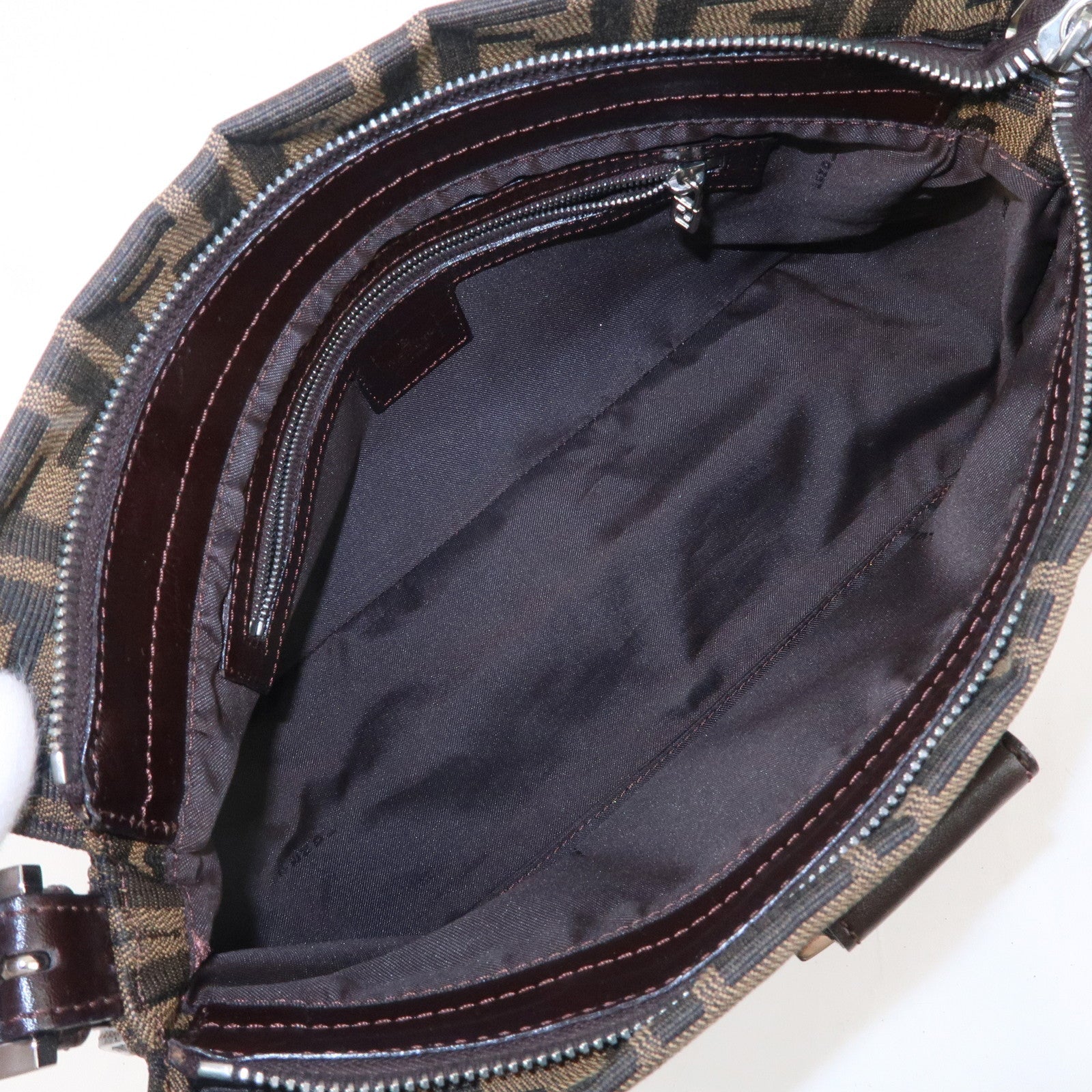 FENDI Zucca Canvas Leather Shoulder Bag Brown Black 26566