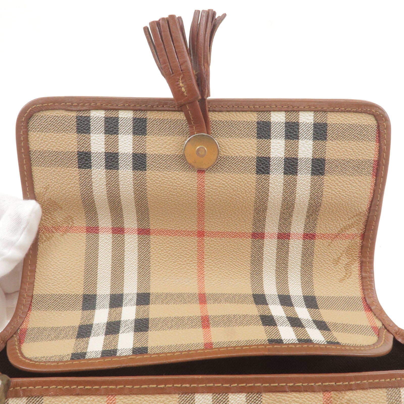 BURBERRY Nova Plaid PVC Leather Shoulder Bag Beige Brown