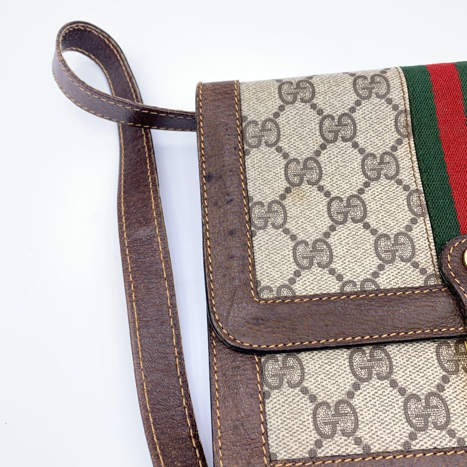 Gucci Vintage Monogram Canvas Vertical Shoulder Bag with Stripes