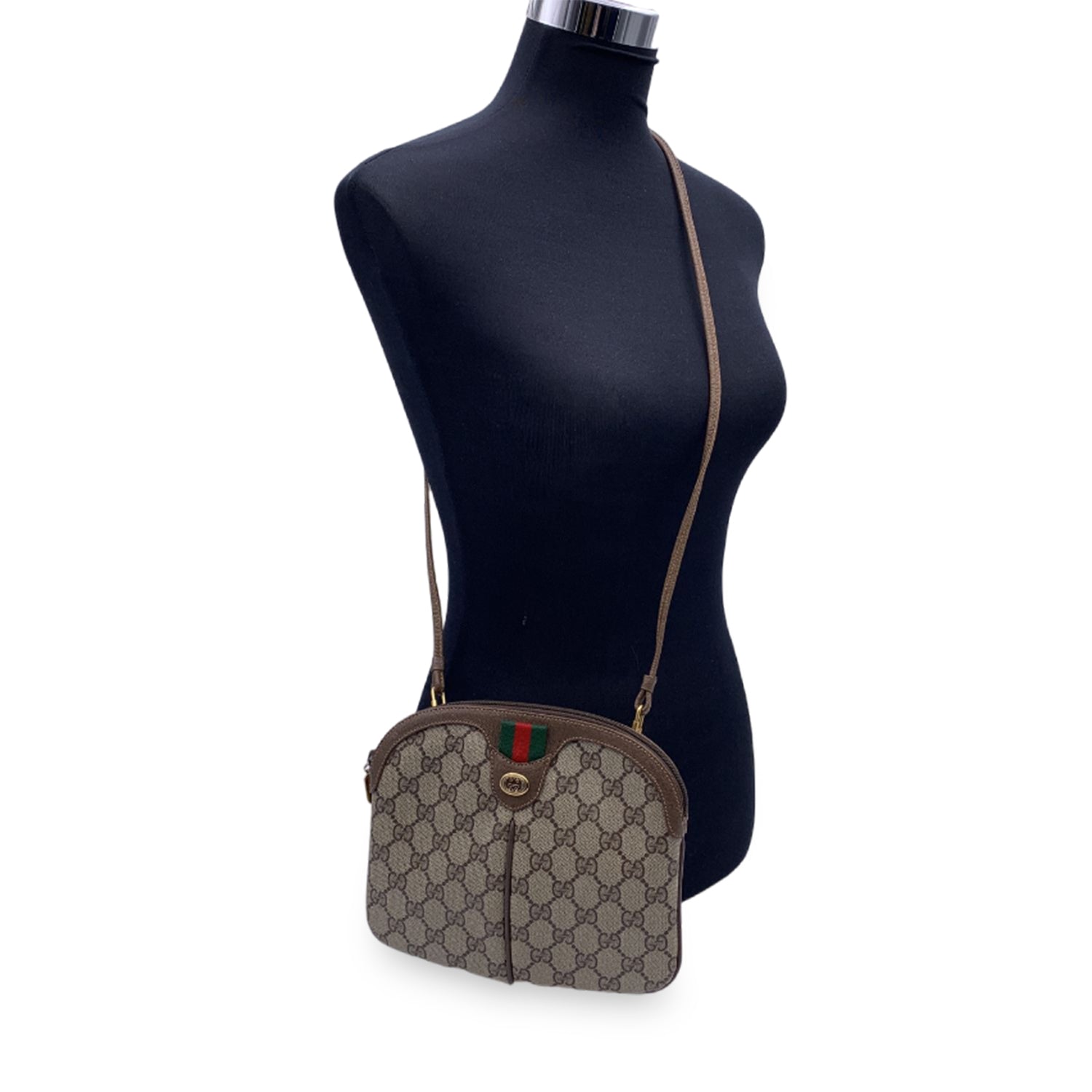 Gucci Vintage Beige Monogram Canvas Small Web Crossbody Bag