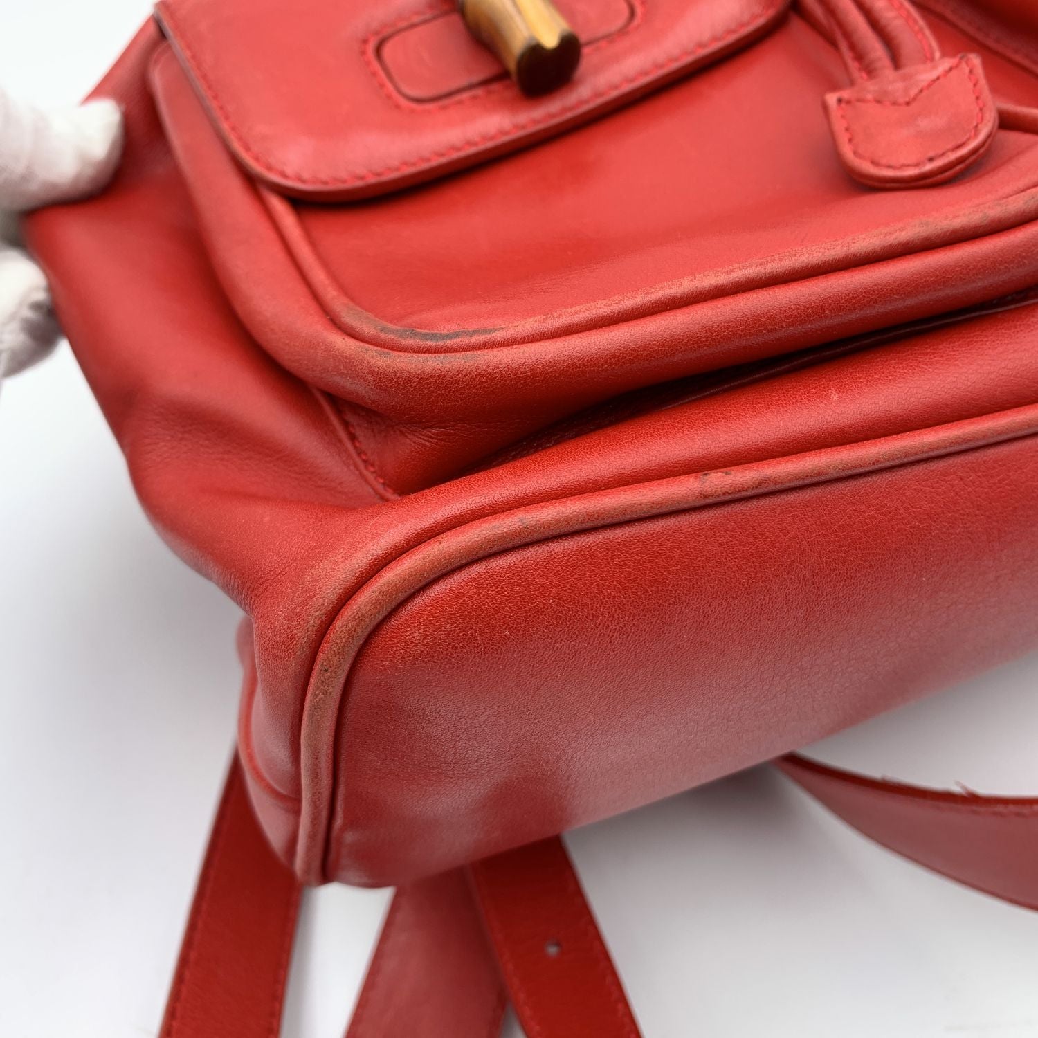 Gucci Vintage Red Leather Bamboo Backpack Shoulder Bag
