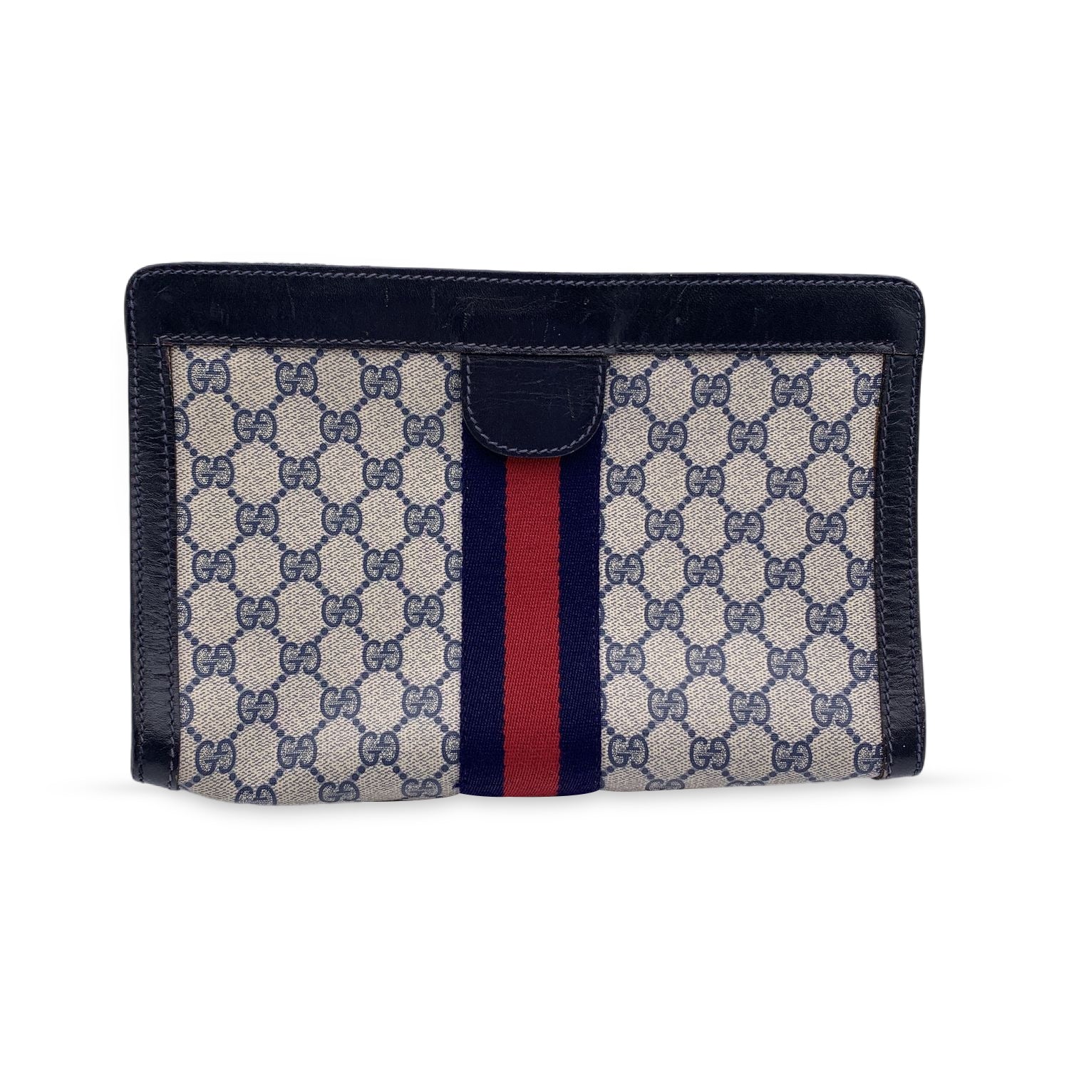 Gucci Vintage Blue Monogram Canvas Cosmetic Bag Clutch Stripes