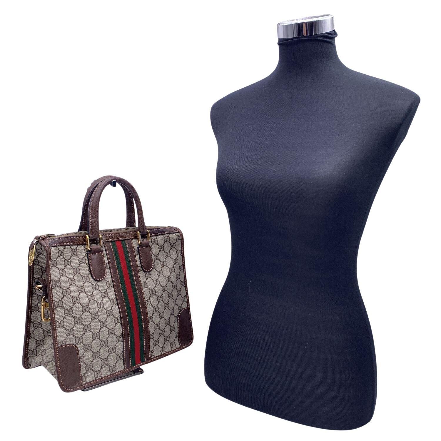 Gucci Vintage Brown Monogram Canvas Satchel Bag with Stripes
