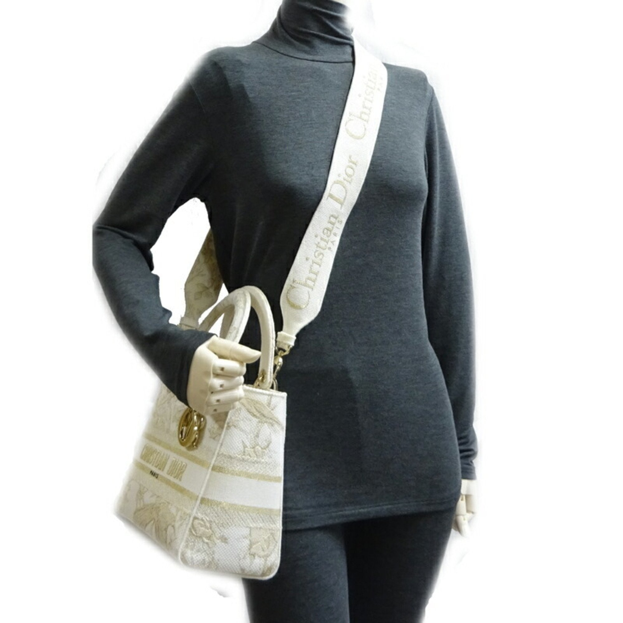 CHRISTIAN DIOR Lady D-LITE Medium 2022 Limited Ladies Handbag Toile White/Gold