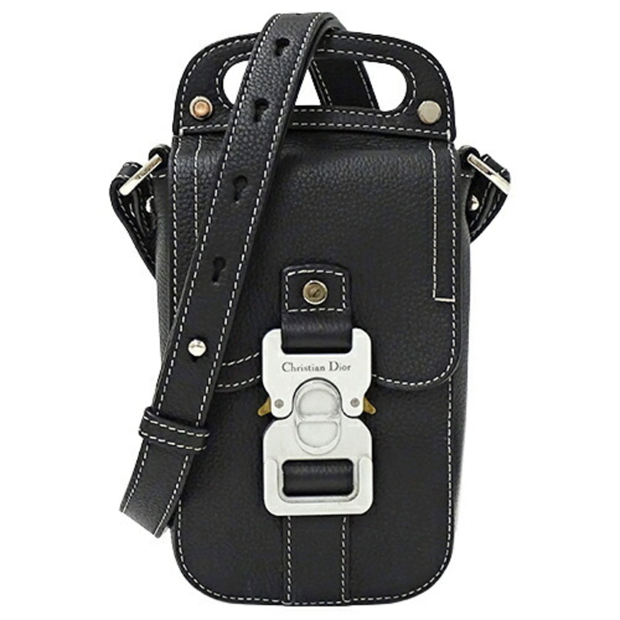 CHRISTIAN DIOR Bag Men's Shoulder Pouch Leather Saddle Vertical Black Micro