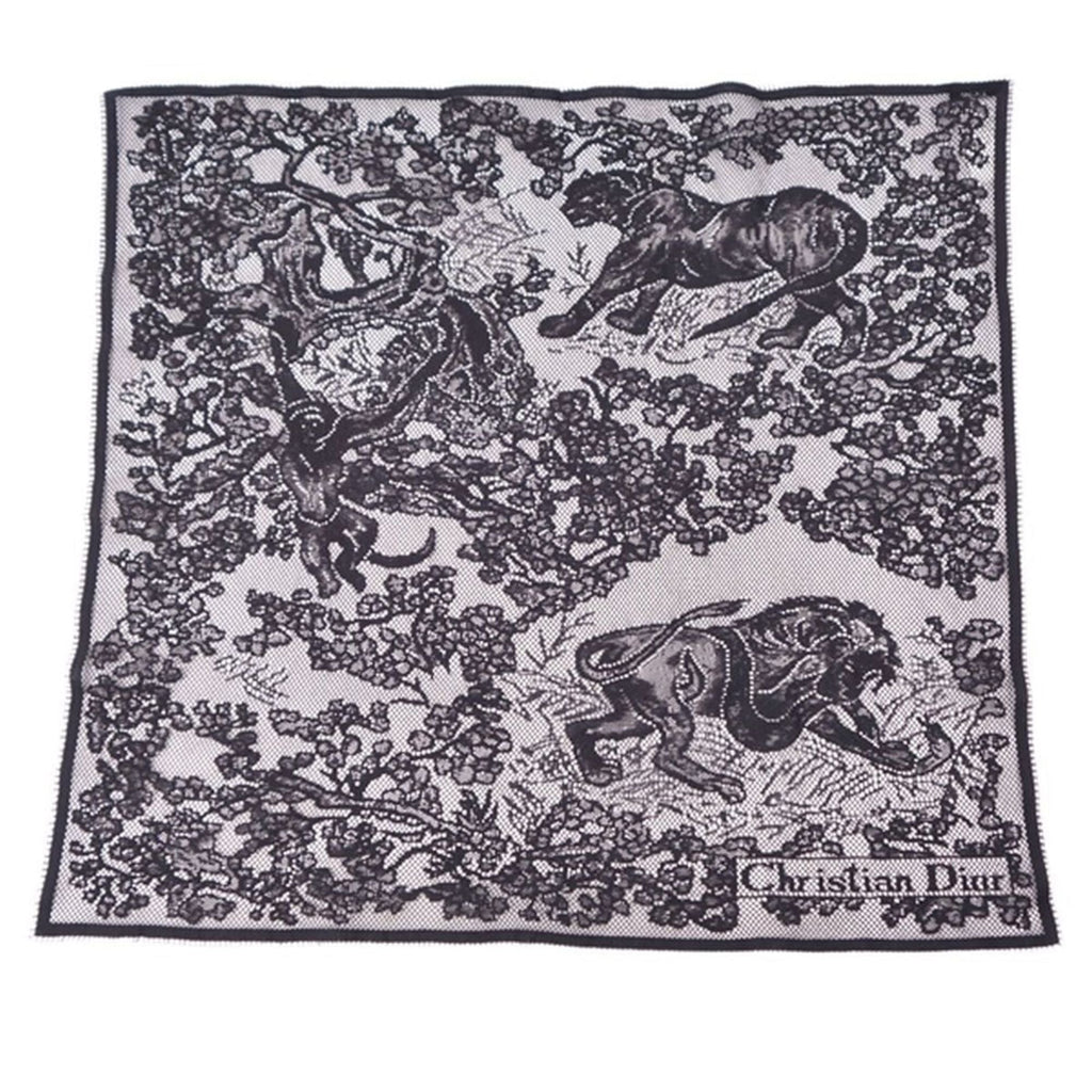 CHRISTIAN DIOR Scarf Muffler Lace Safari Animal Pattern Cotton Nylon Women's Black