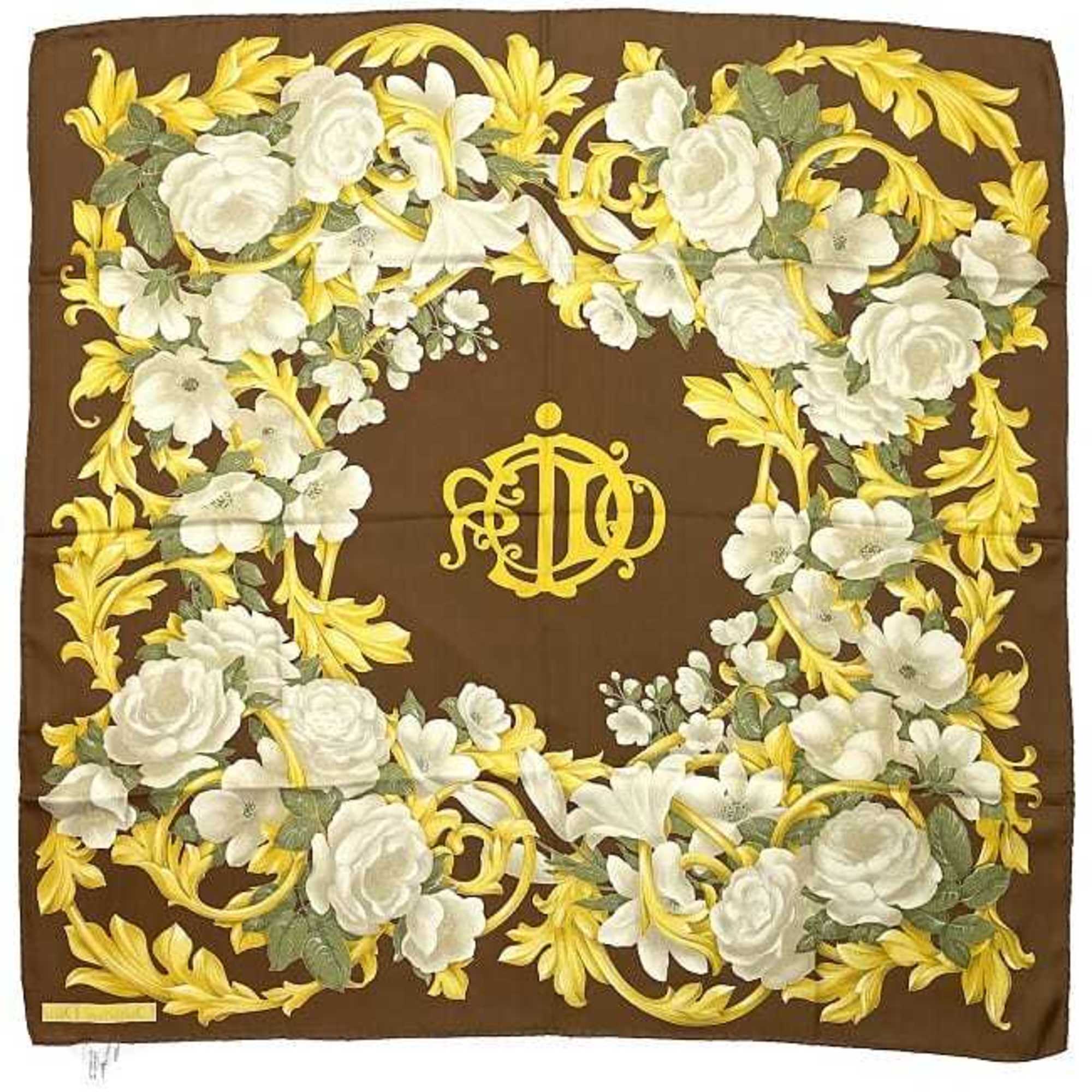 CHRISTIAN DIOR Stole Brown Gold Flower Silk 100% Scarf Muffler