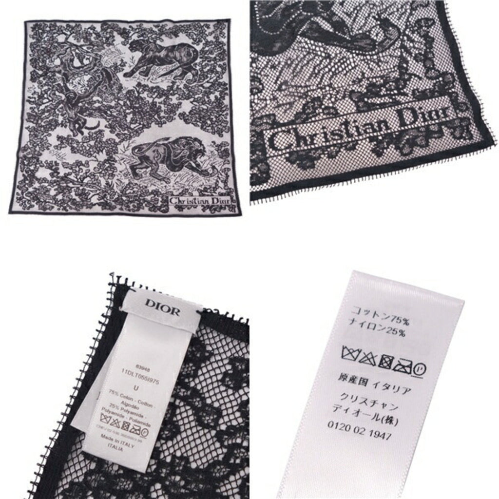 CHRISTIAN DIOR Scarf Muffler Lace Safari Animal Pattern Cotton Nylon Women's Black