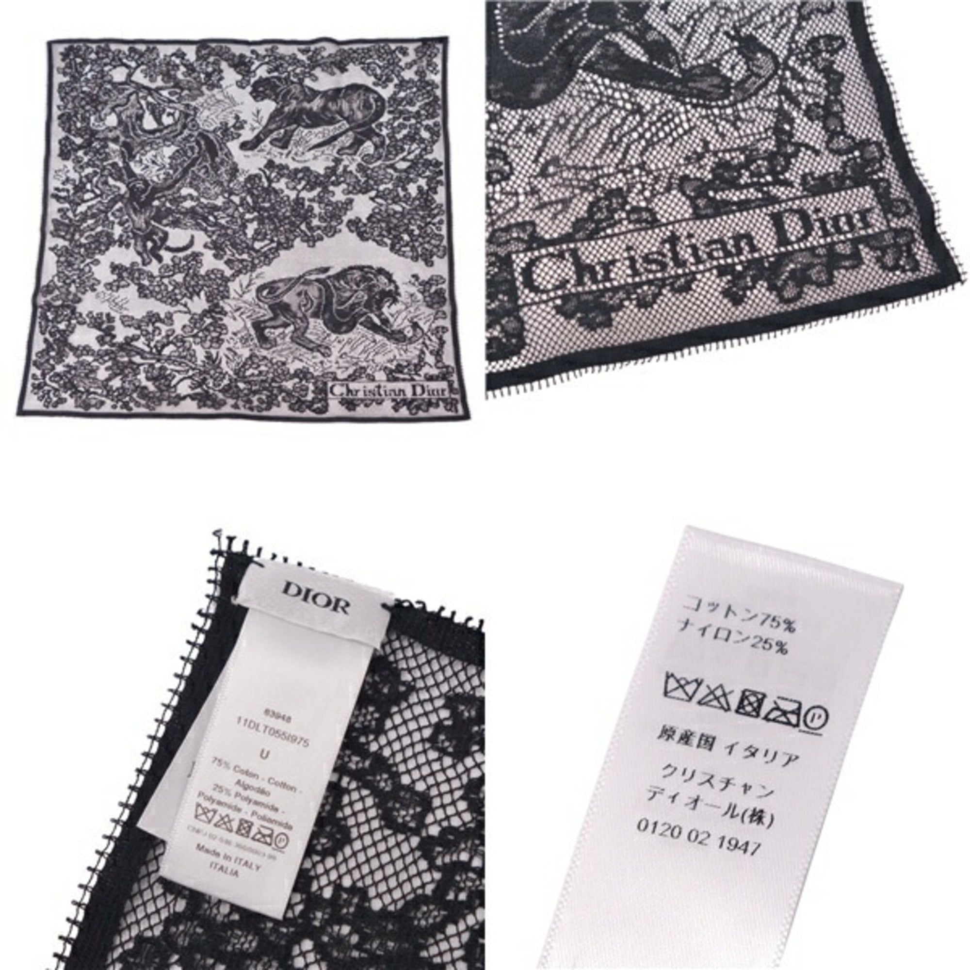 CHRISTIAN DIOR Scarf Muffler Lace Safari Animal Pattern Cotton Nylon Women's Black