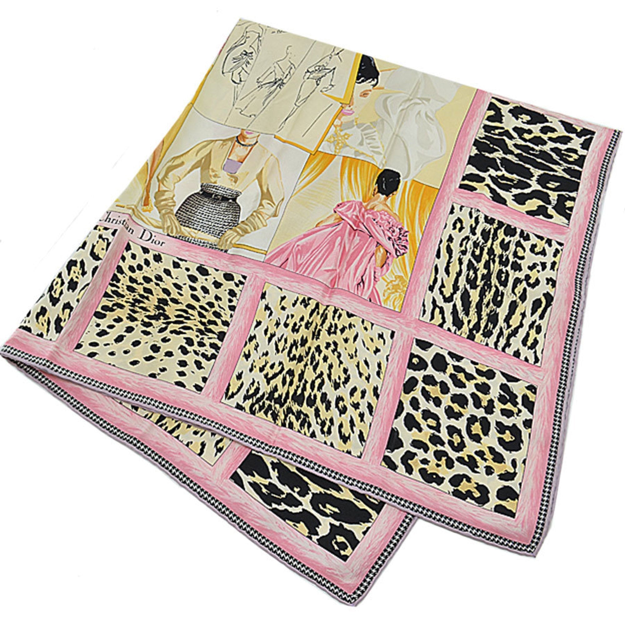 CHRISTIAN DIOR Scarf Pink x Black Orange Multi Silk 100% Women's