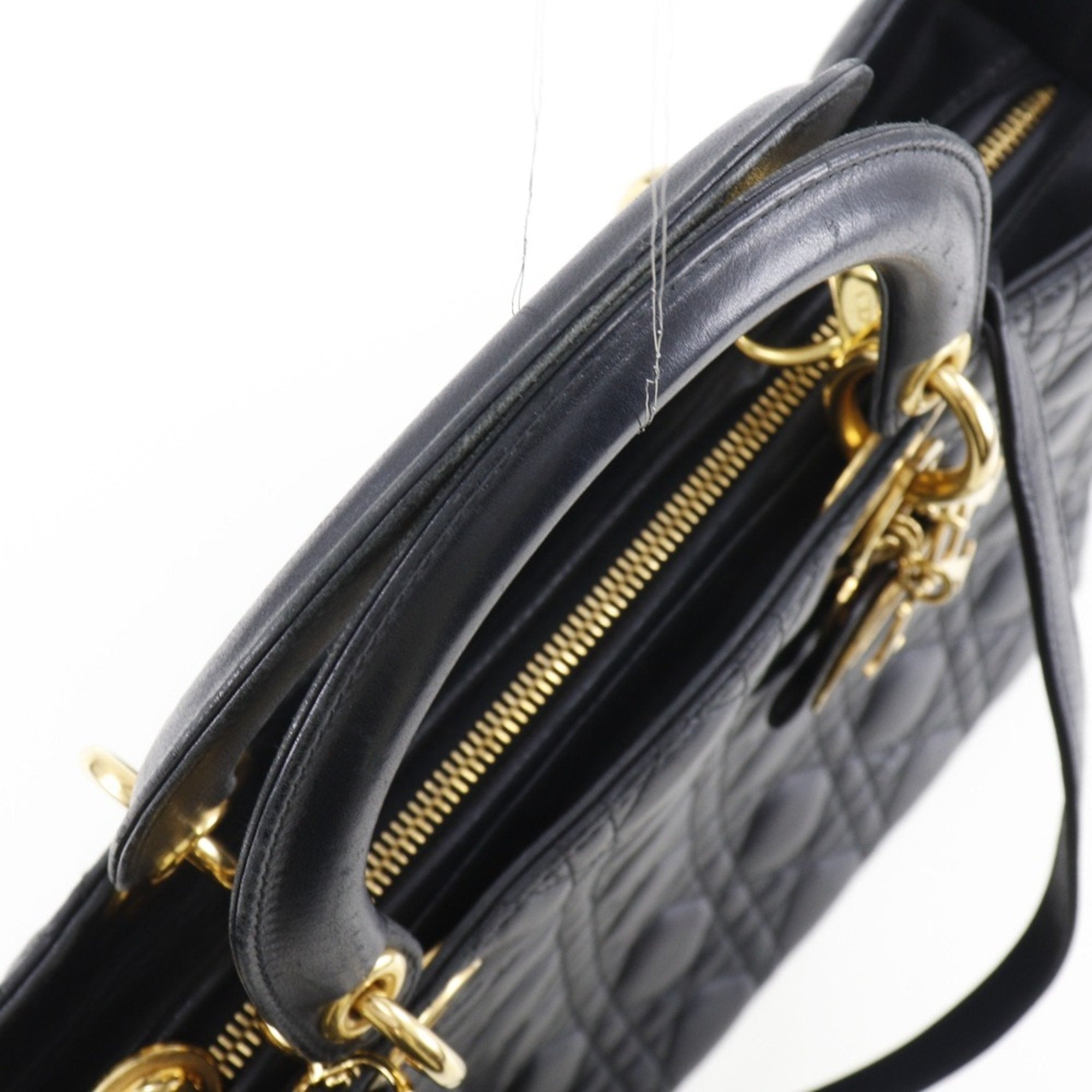 CHRISTIAN DIOR Dior Christian Lady Large Handbag Canage 2WAY Shoulder Calf Black/Gold Hardware Ladies