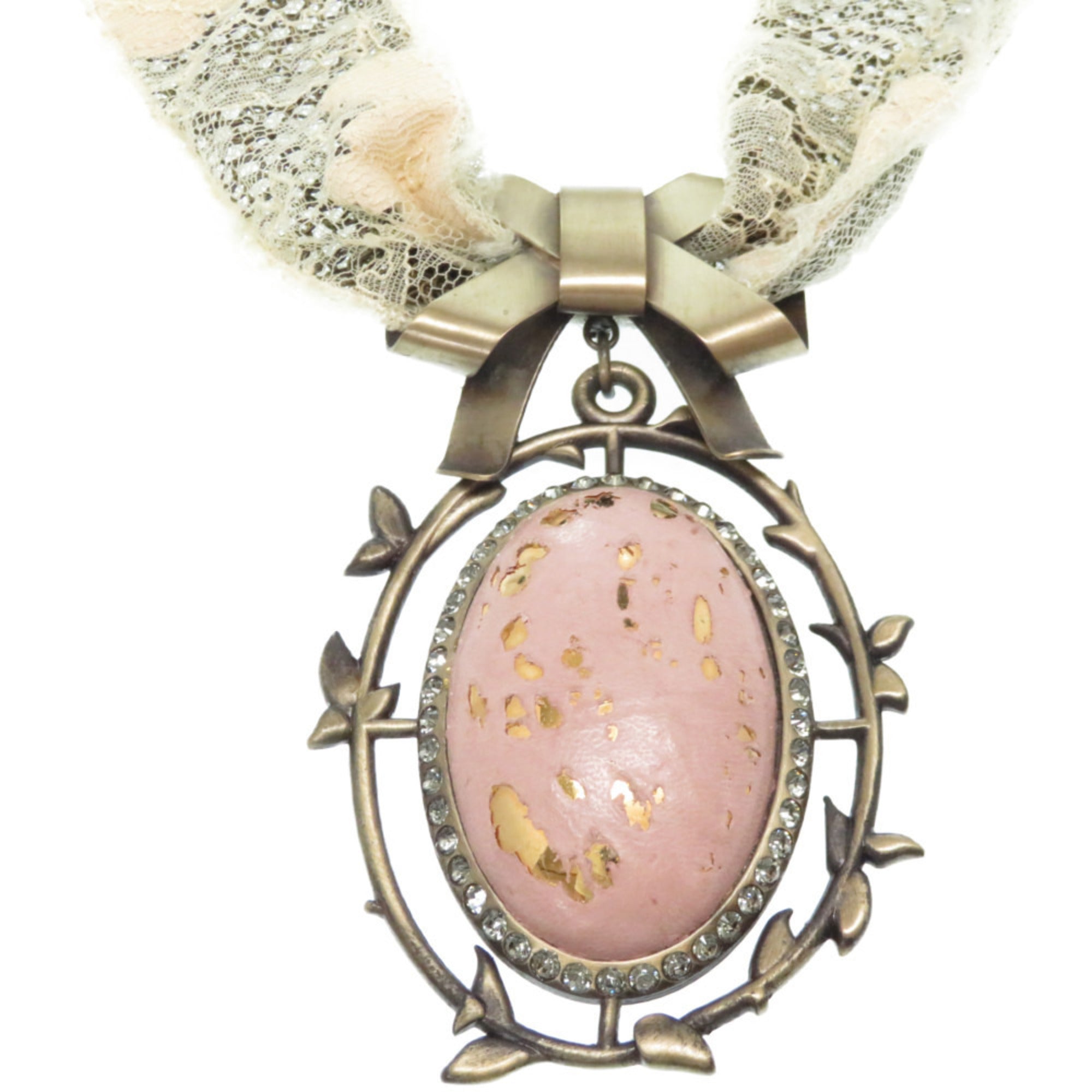 Christian Dior Pendant Necklace Metal Rhinestone Leather Pink Lace Accessory 0317Dior