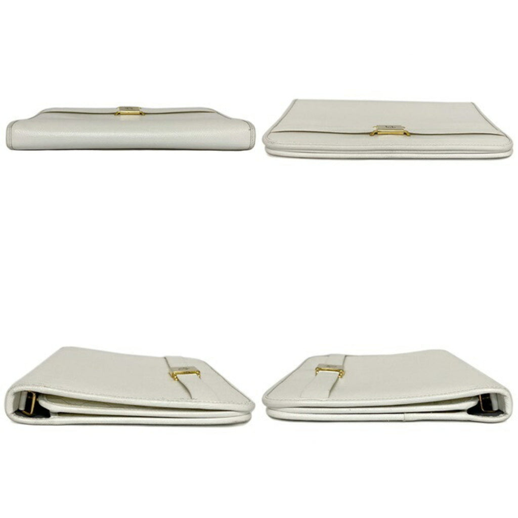 Christian Dior Clutch Bag White Gold Flap Leather Plate Ladies
