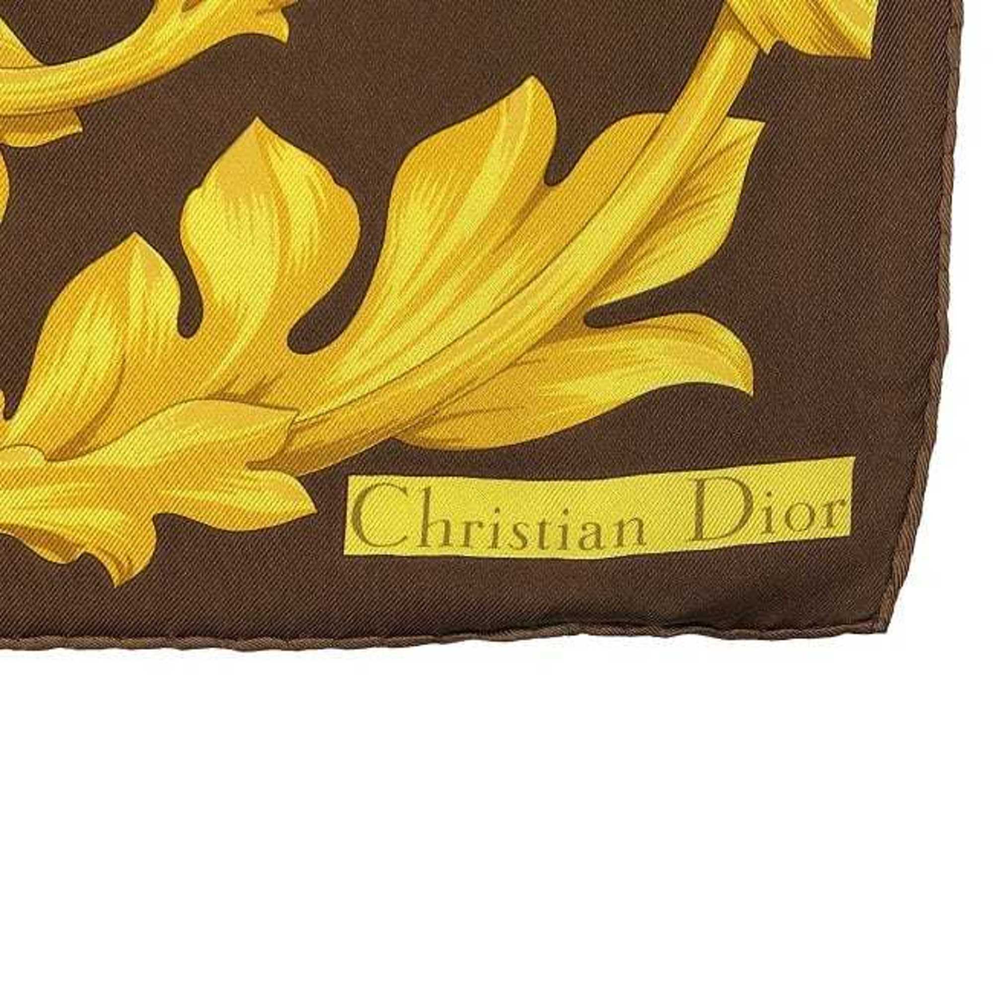 CHRISTIAN DIOR Stole Brown Gold Flower Silk 100% Scarf Muffler