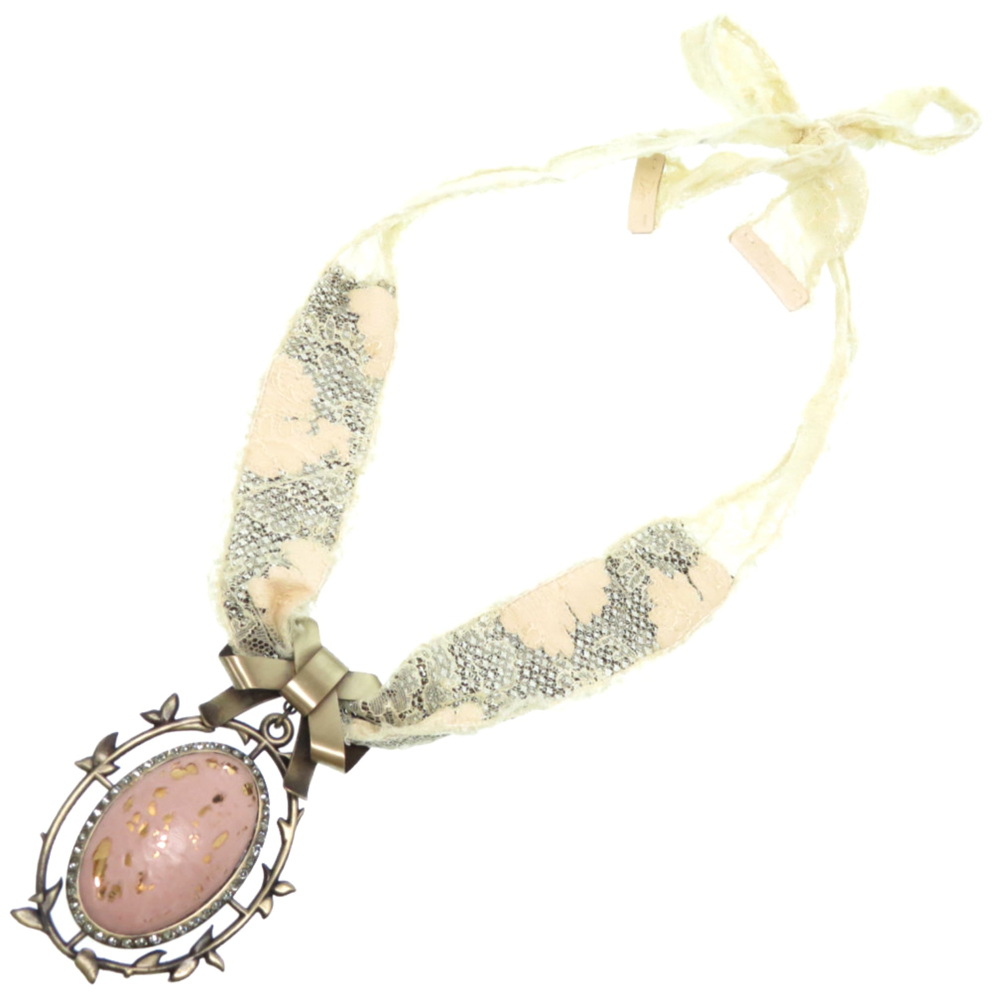 Christian Dior Pendant Necklace Metal Rhinestone Leather Pink Lace Accessory 0317Dior