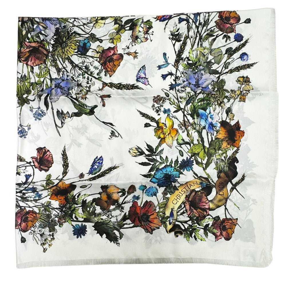 CHRISTIAN DIOR Flower Large Scarf 140cm White Silk 100% Women's