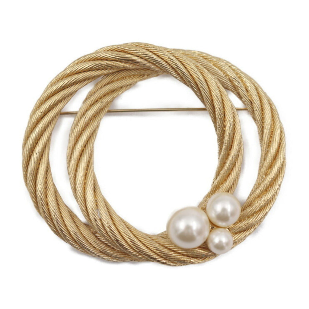 CHRISTIAN DIOR Brooch Metal Fake Pearl Gold Pin Rope