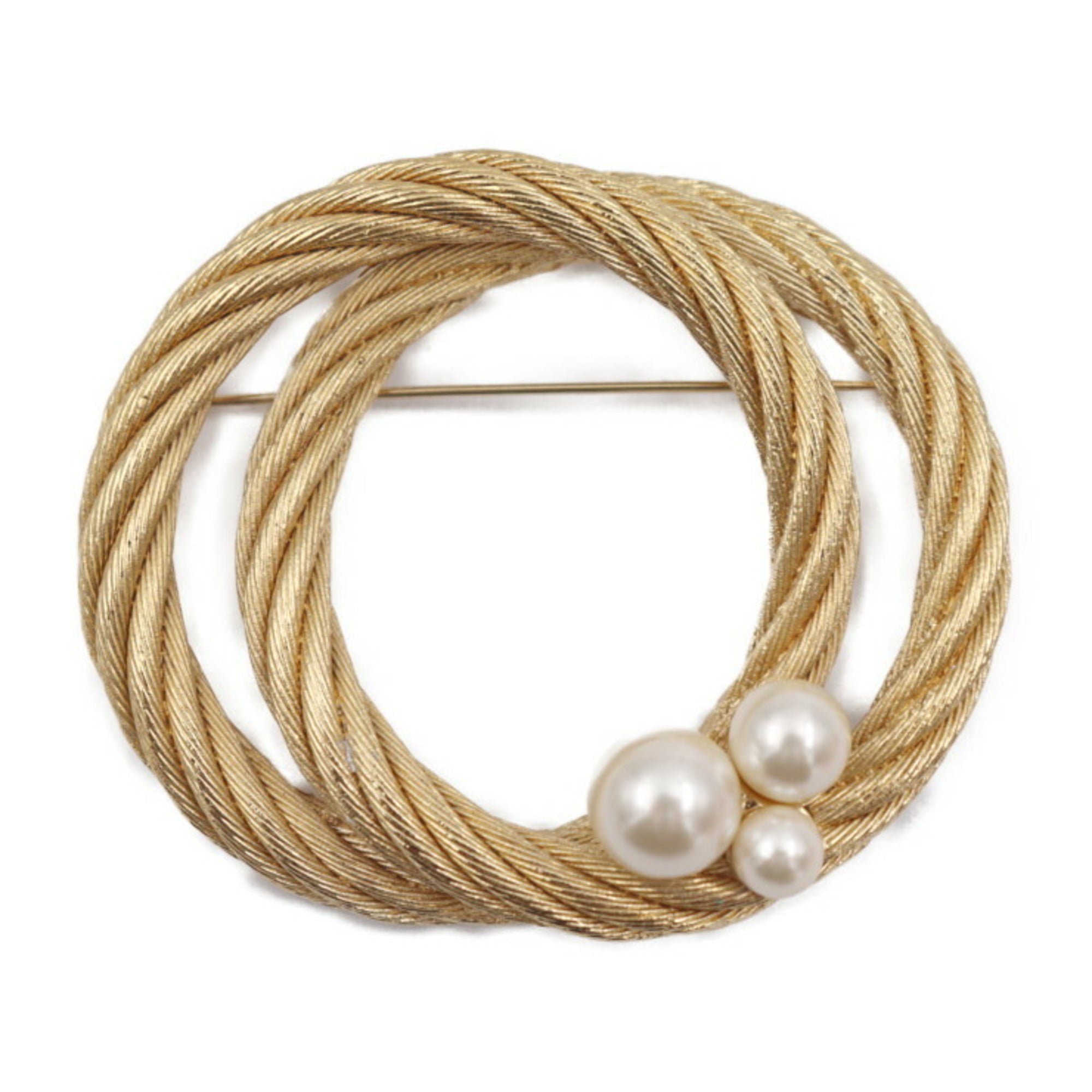 CHRISTIAN DIOR Brooch Metal Fake Pearl Gold Pin Rope