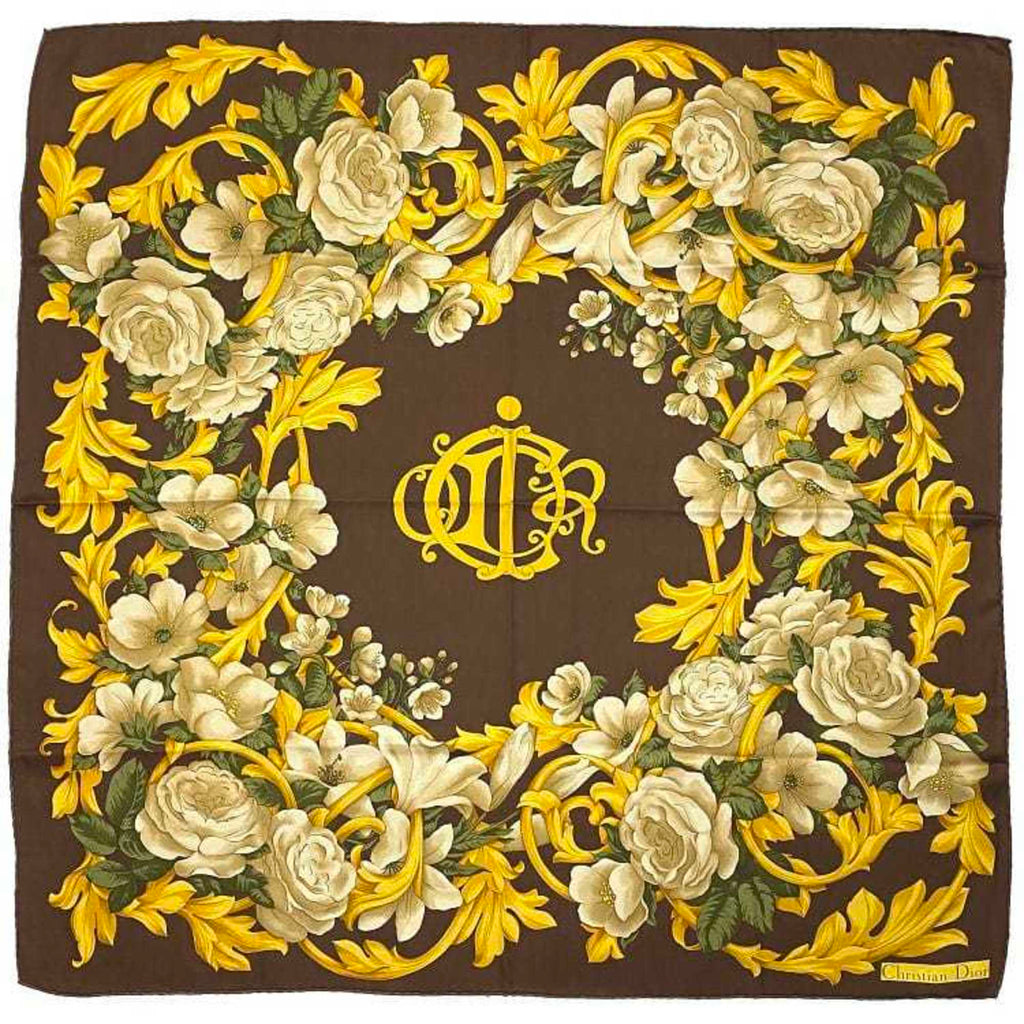 CHRISTIAN DIOR Stole Brown Gold Flower Silk 100% Scarf Muffler