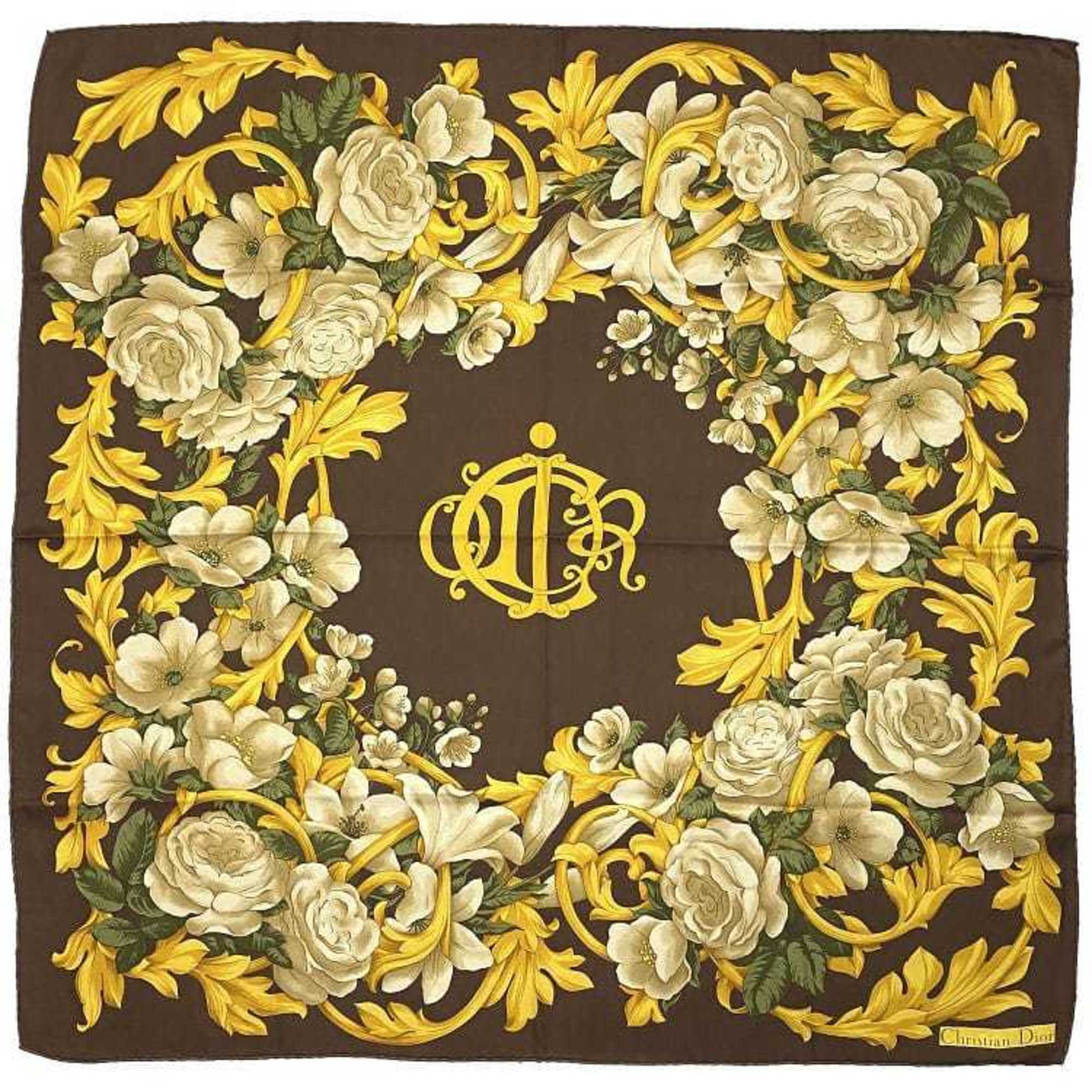 CHRISTIAN DIOR Stole Brown Gold Flower Silk 100% Scarf Muffler