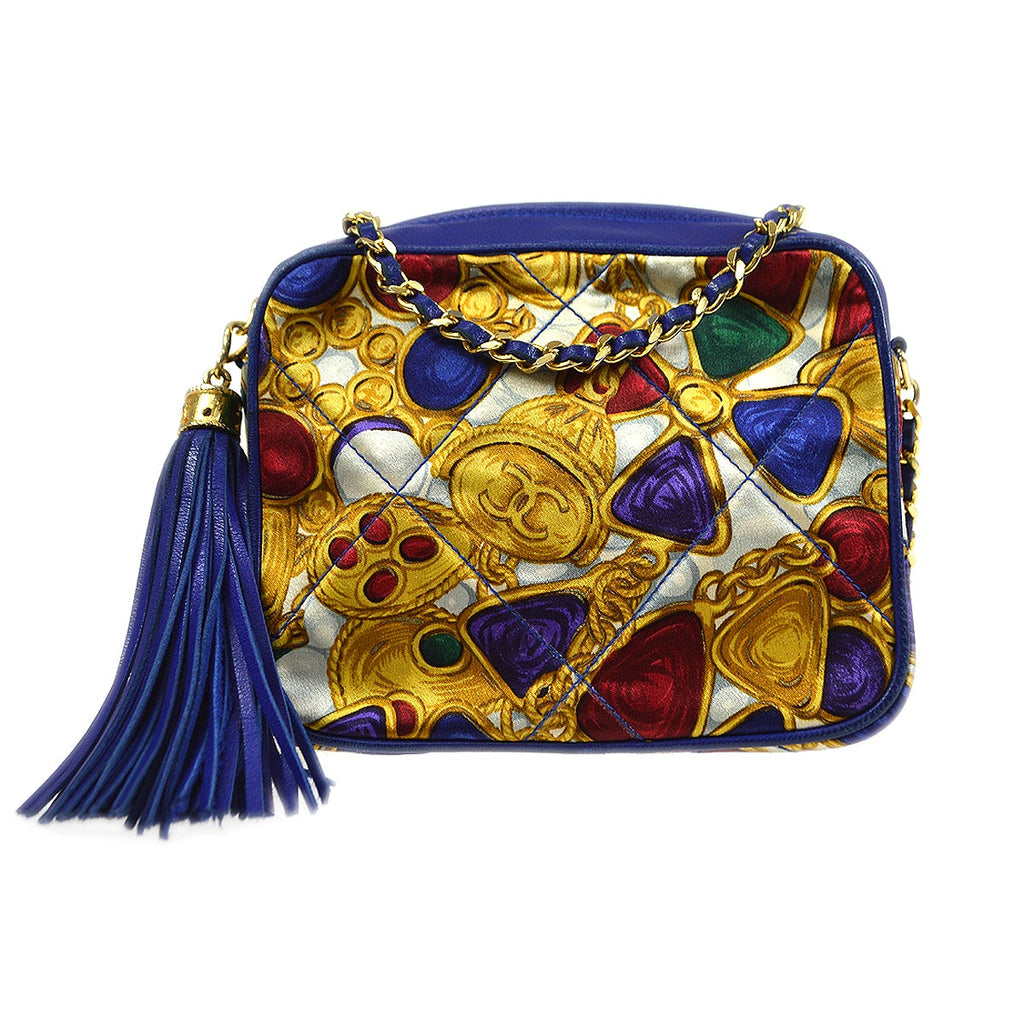 CHANEL 1986-1989 Blue Lambskin Satin Quilted Bijoux Printed Camera Bag
