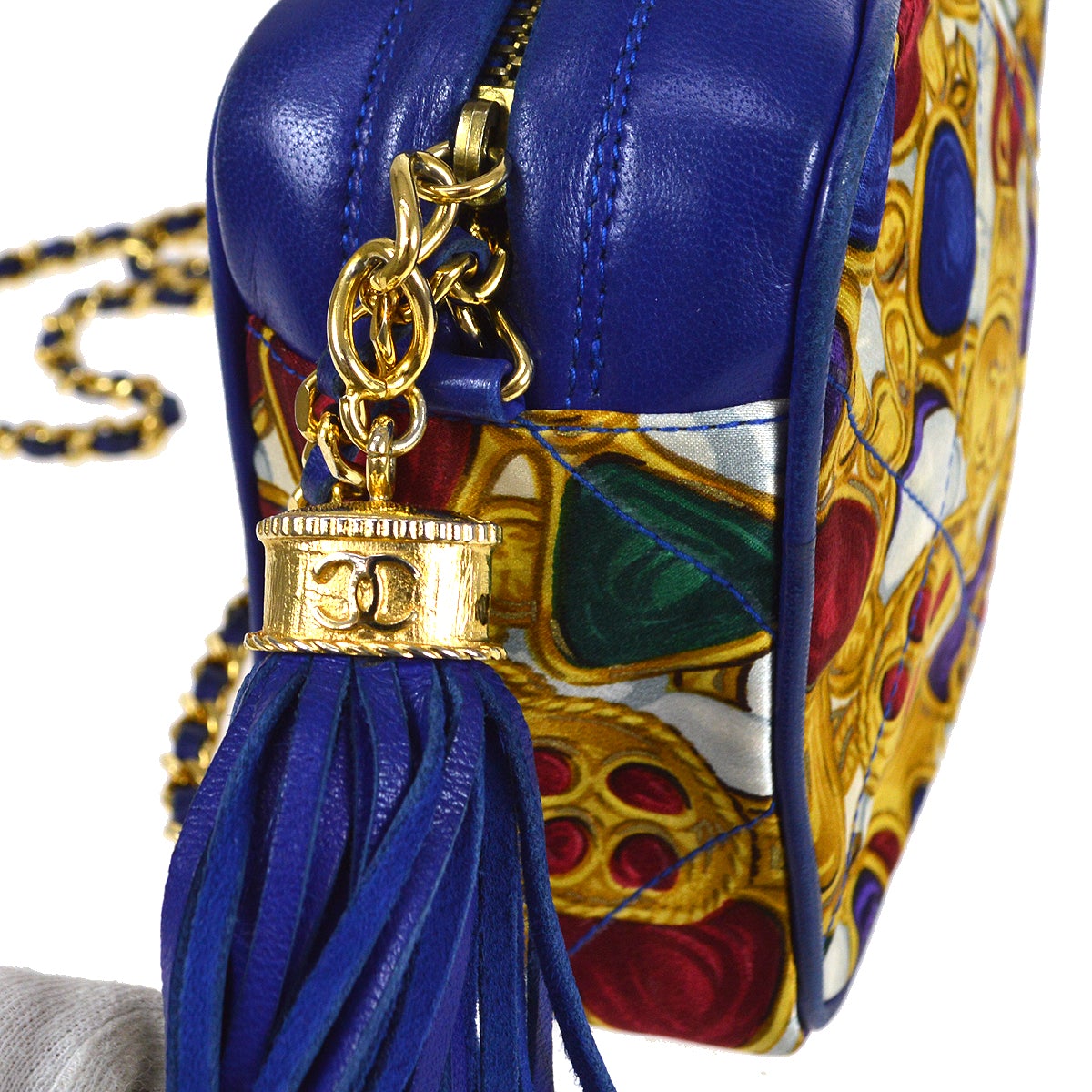 CHANEL 1986-1989 Blue Lambskin Satin Quilted Bijoux Printed Camera Bag