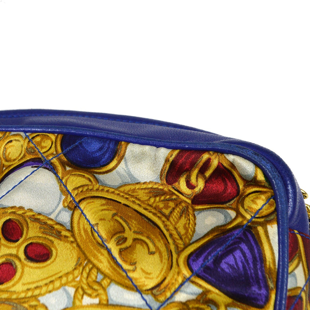 CHANEL 1986-1989 Blue Lambskin Satin Quilted Bijoux Printed Camera Bag