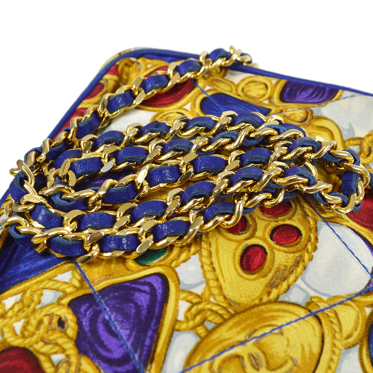CHANEL 1986-1989 Blue Lambskin Satin Quilted Bijoux Printed Camera Bag