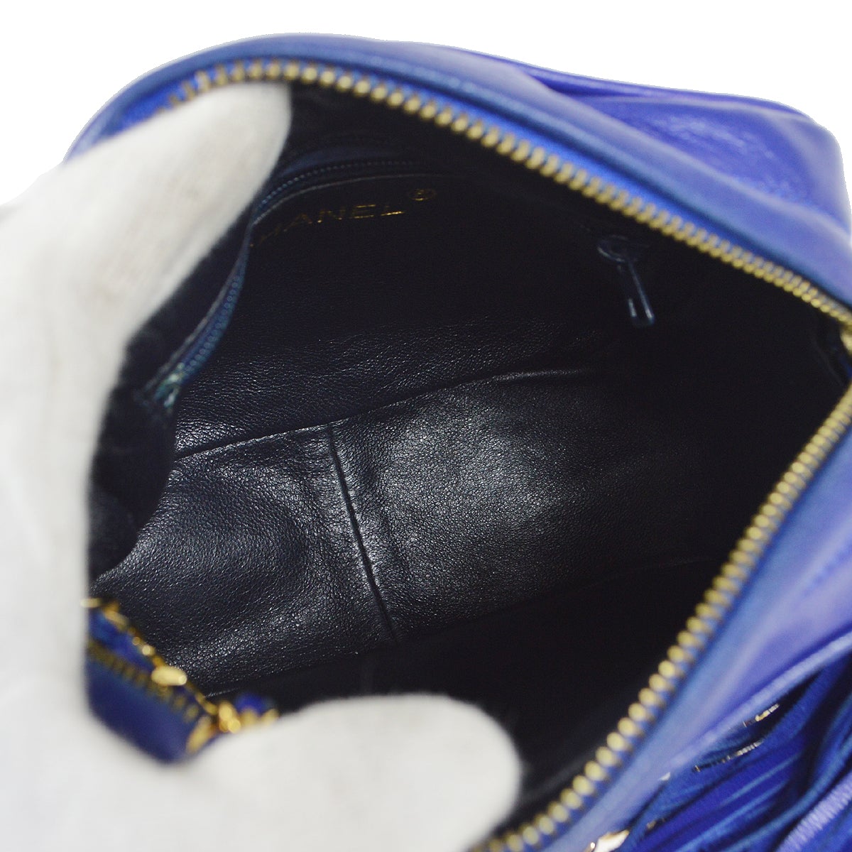 CHANEL 1986-1989 Blue Lambskin Satin Quilted Bijoux Printed Camera Bag