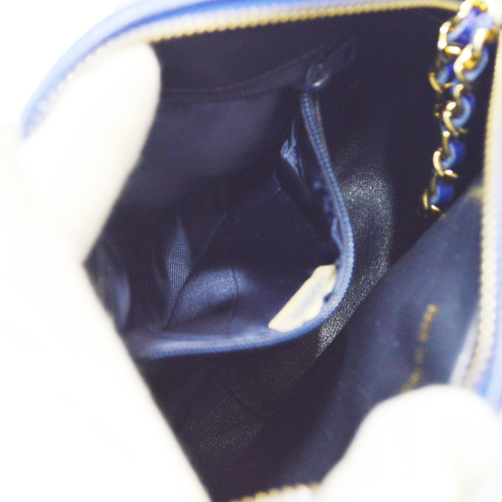 CHANEL 1986-1989 Blue Lambskin Satin Quilted Bijoux Printed Camera Bag