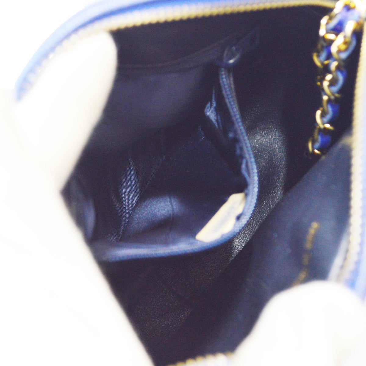 CHANEL 1986-1989 Blue Lambskin Satin Quilted Bijoux Printed Camera Bag