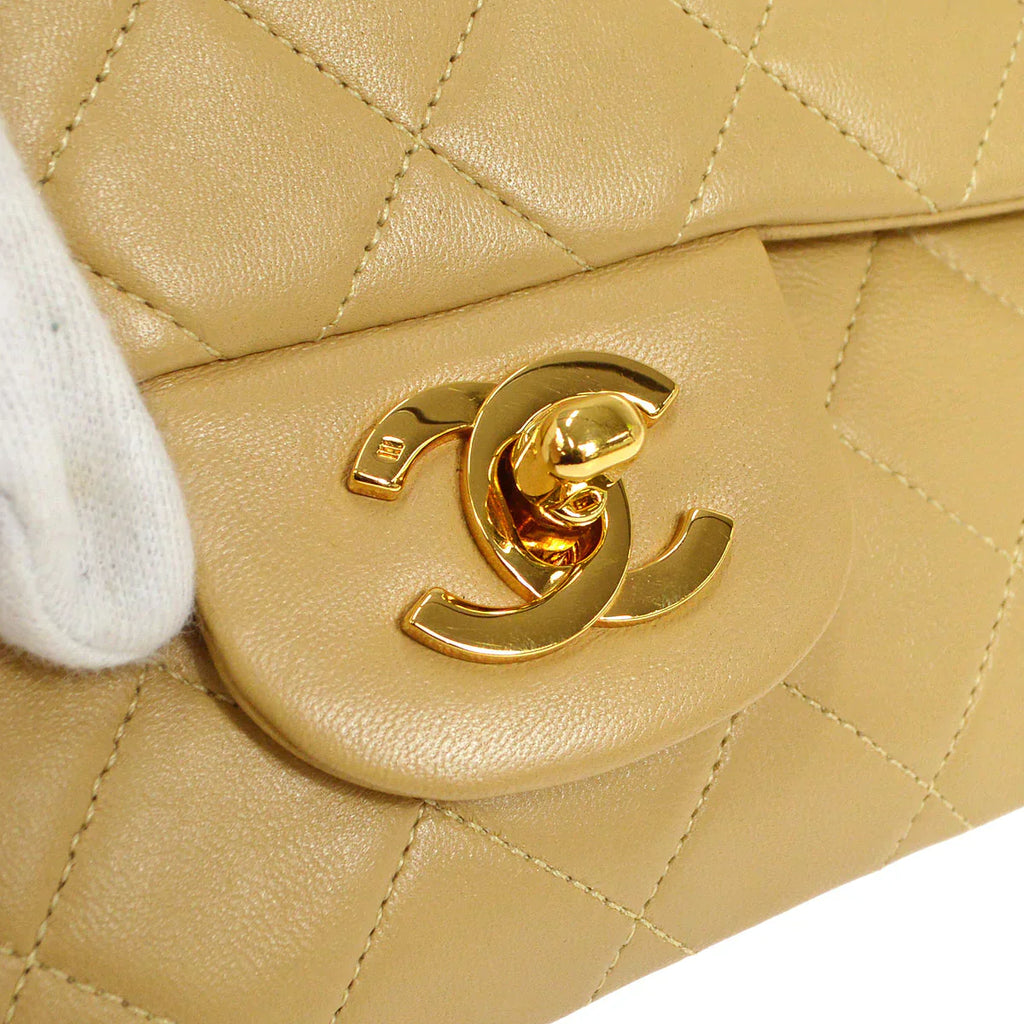CHANEL 1989-1991 Classic Double Flap Small Beige Lambskin