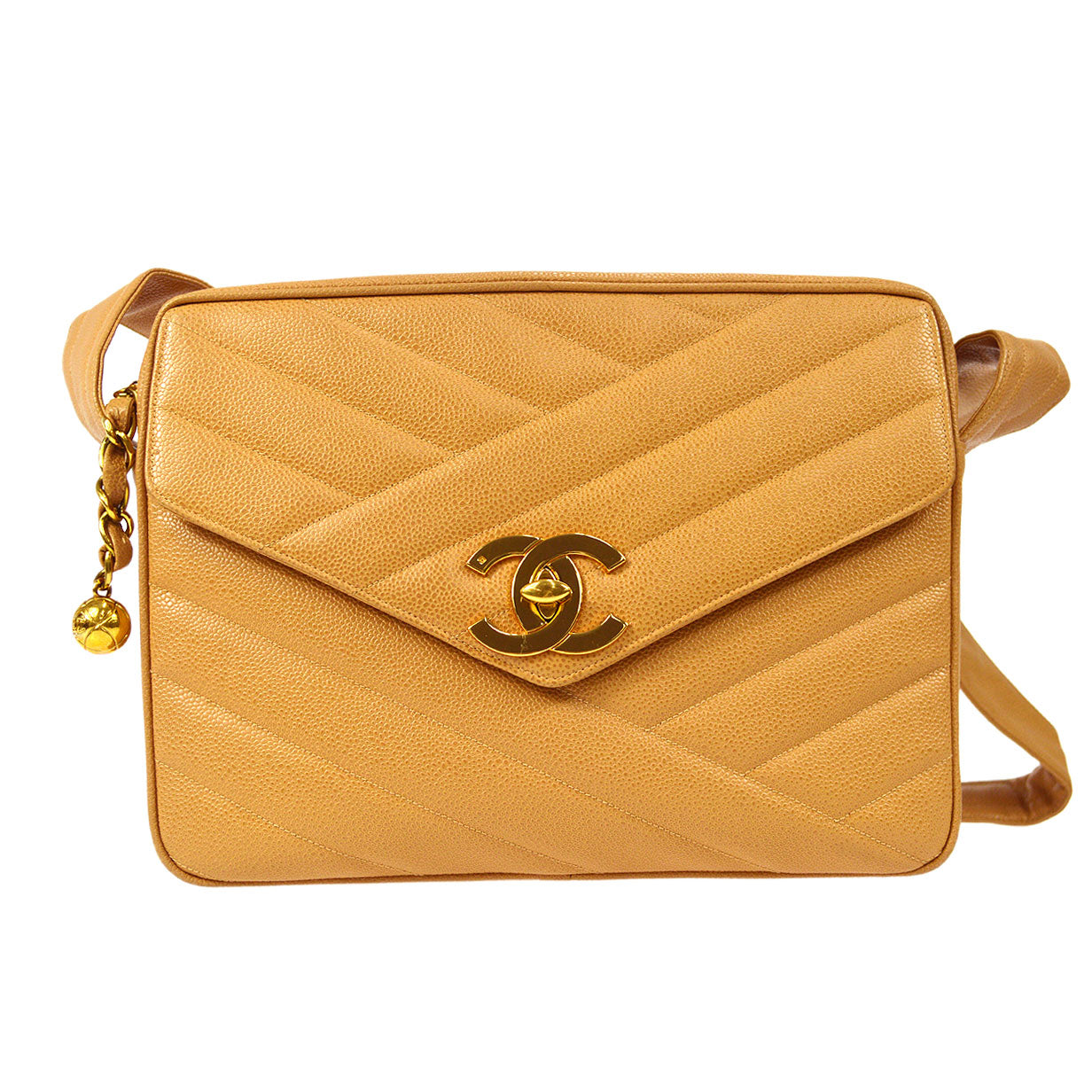 CHANEL Bias Stitch Shoulder Bag Beige Caviar