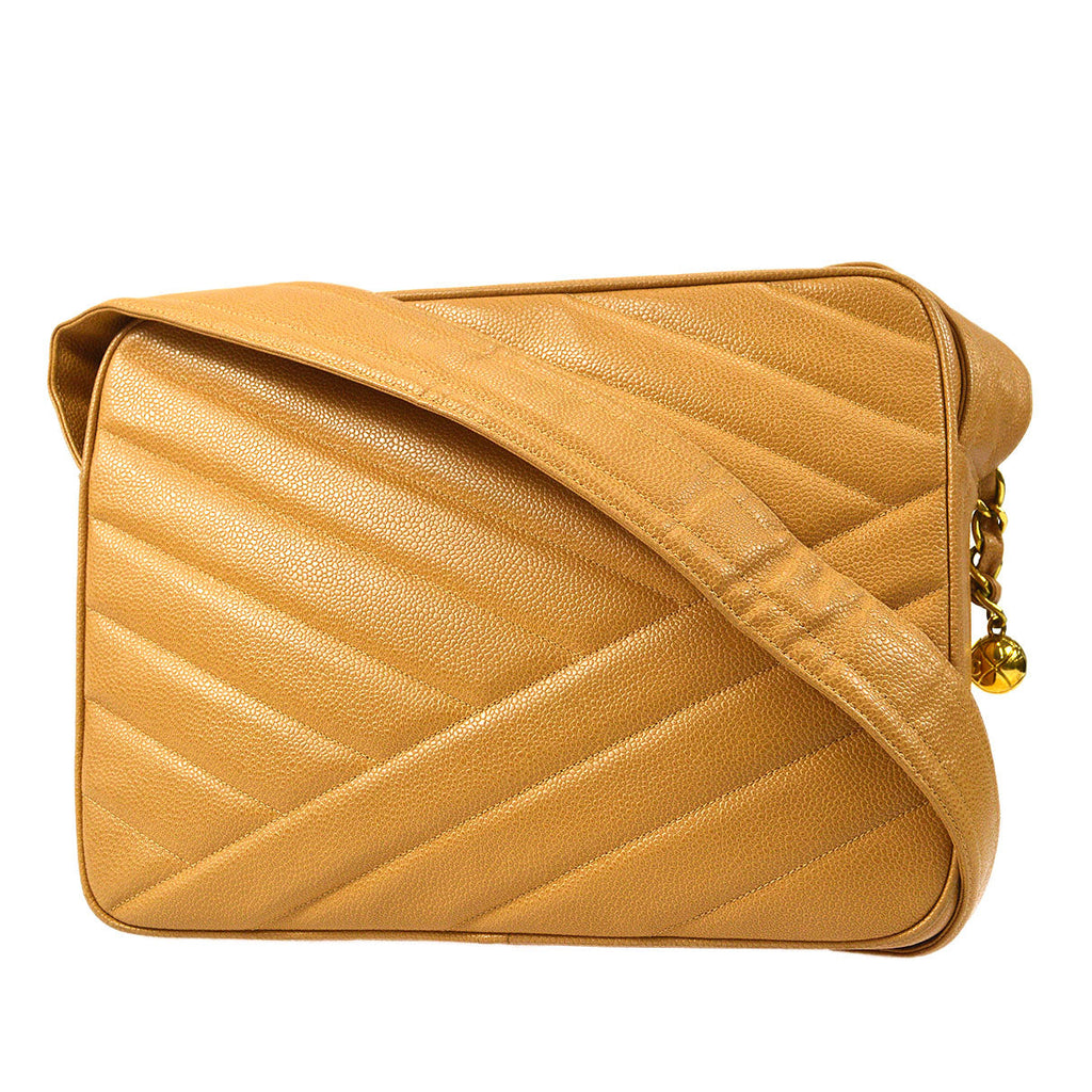 CHANEL Bias Stitch Shoulder Bag Beige Caviar