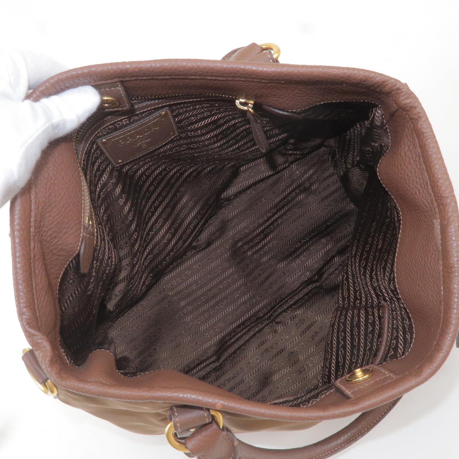 Prada Logo Nylon Leather 2Way Bag Hand Bag Brown BR4993