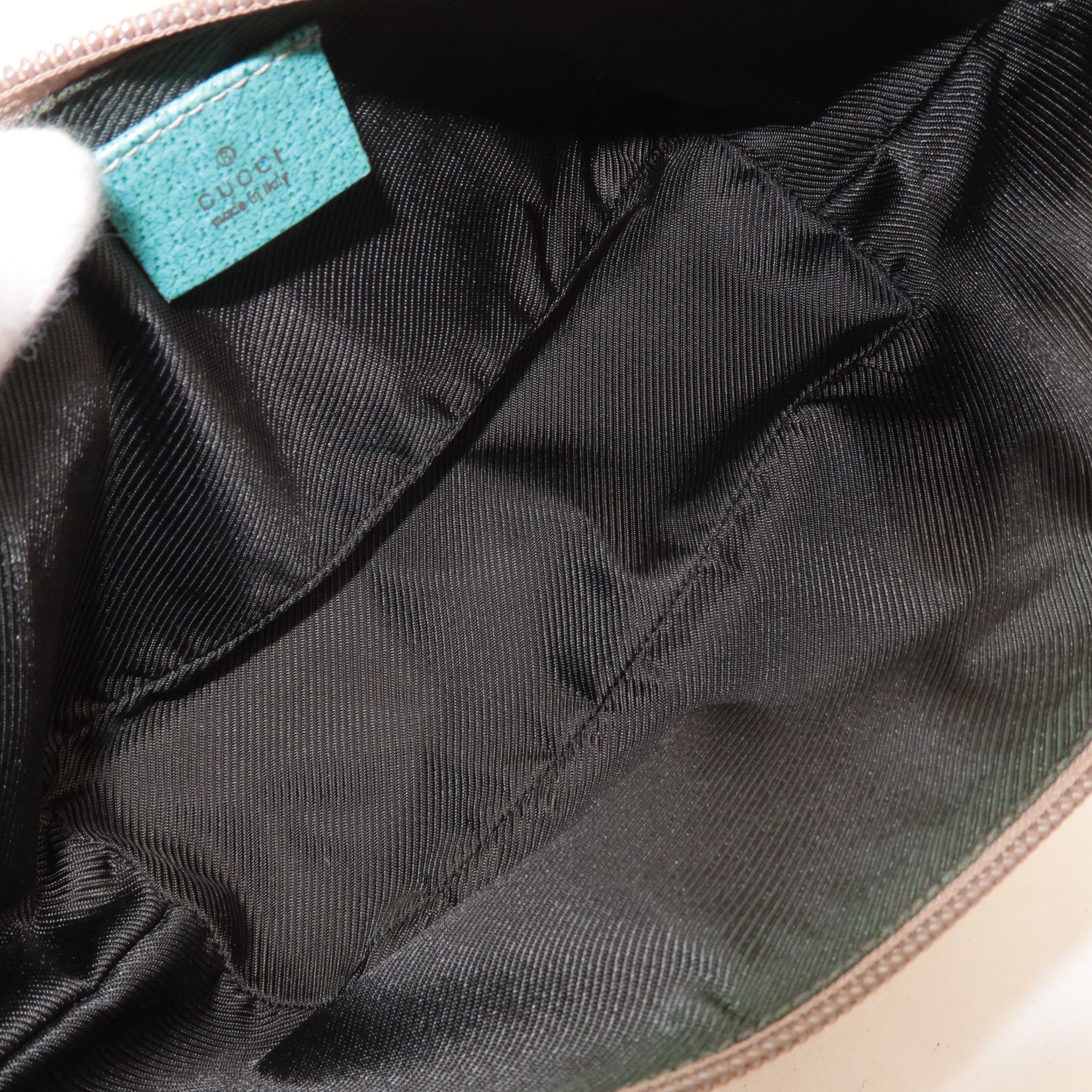 GUCCI Boat Bag GG Canvas Leather Pouch Emerald Green Beige 07198