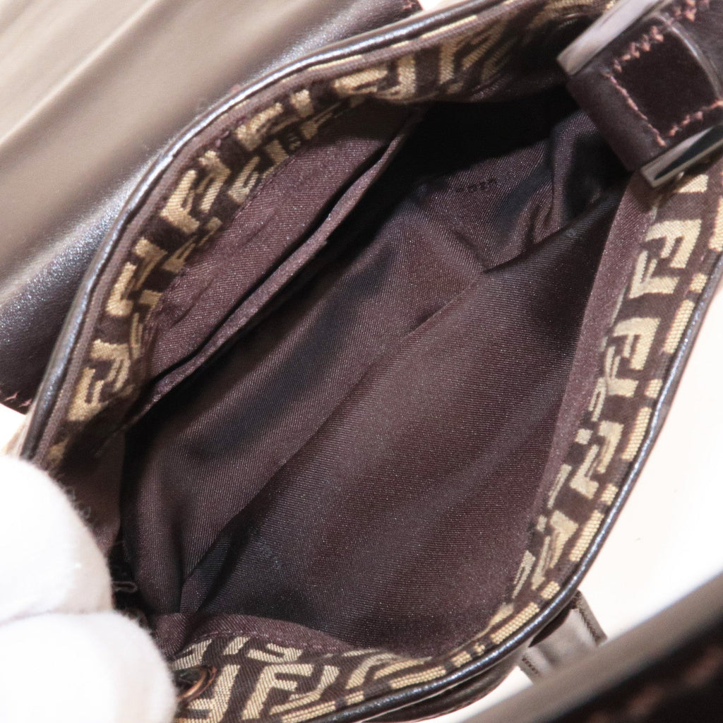 FENDI Zucchino Canvas Leather Shoulder Bag Brown Beige 8BR277
