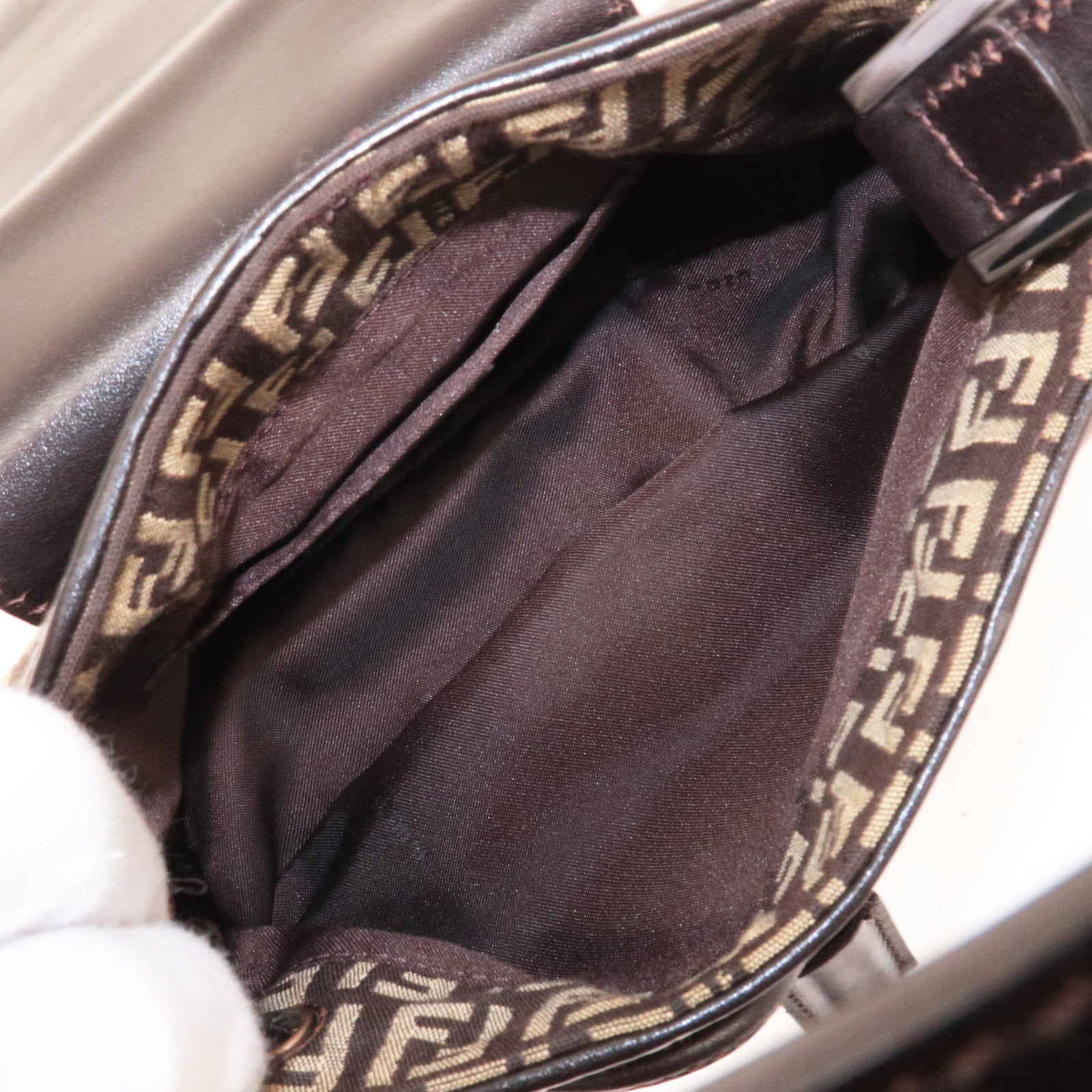 FENDI Zucchino Canvas Leather Shoulder Bag Brown Beige 8BR277