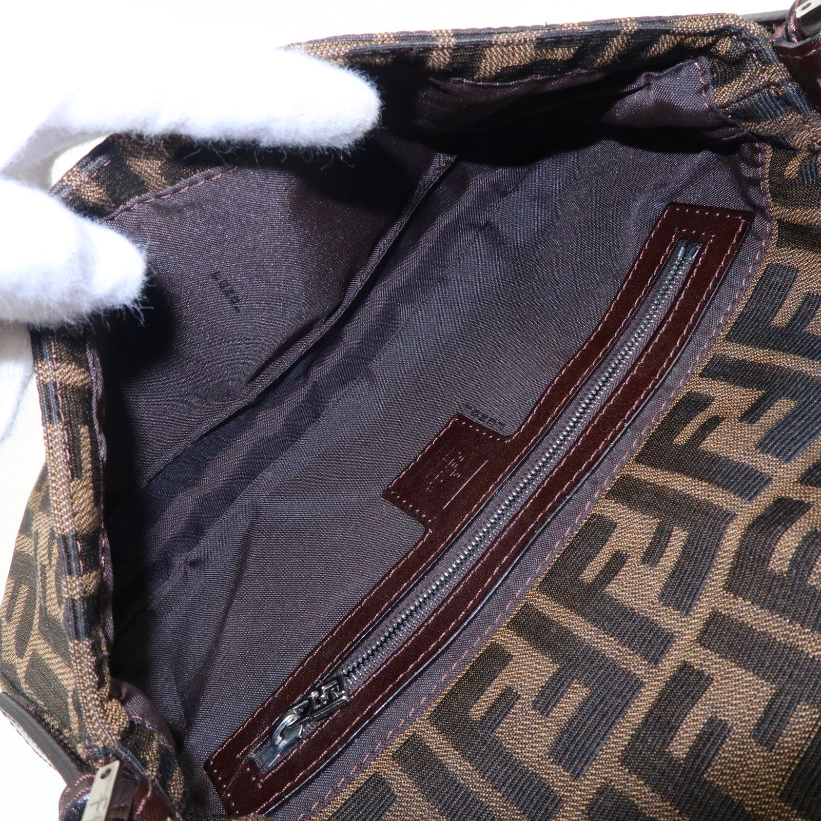 FENDI Mamma Baguette Canvas Leather Shoulder Bag Brown Black 26424