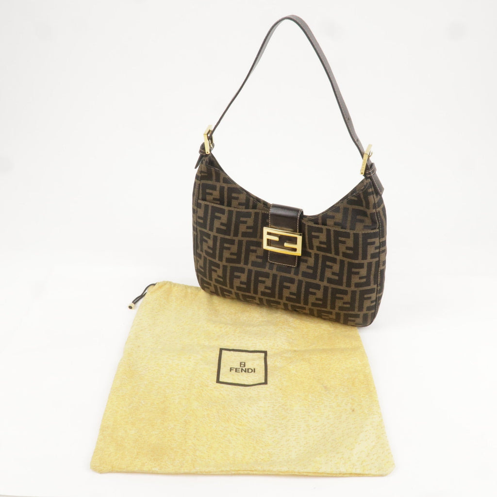 FENDI Zucca Canvas Leather Shoulder Bag Brown Black 26569